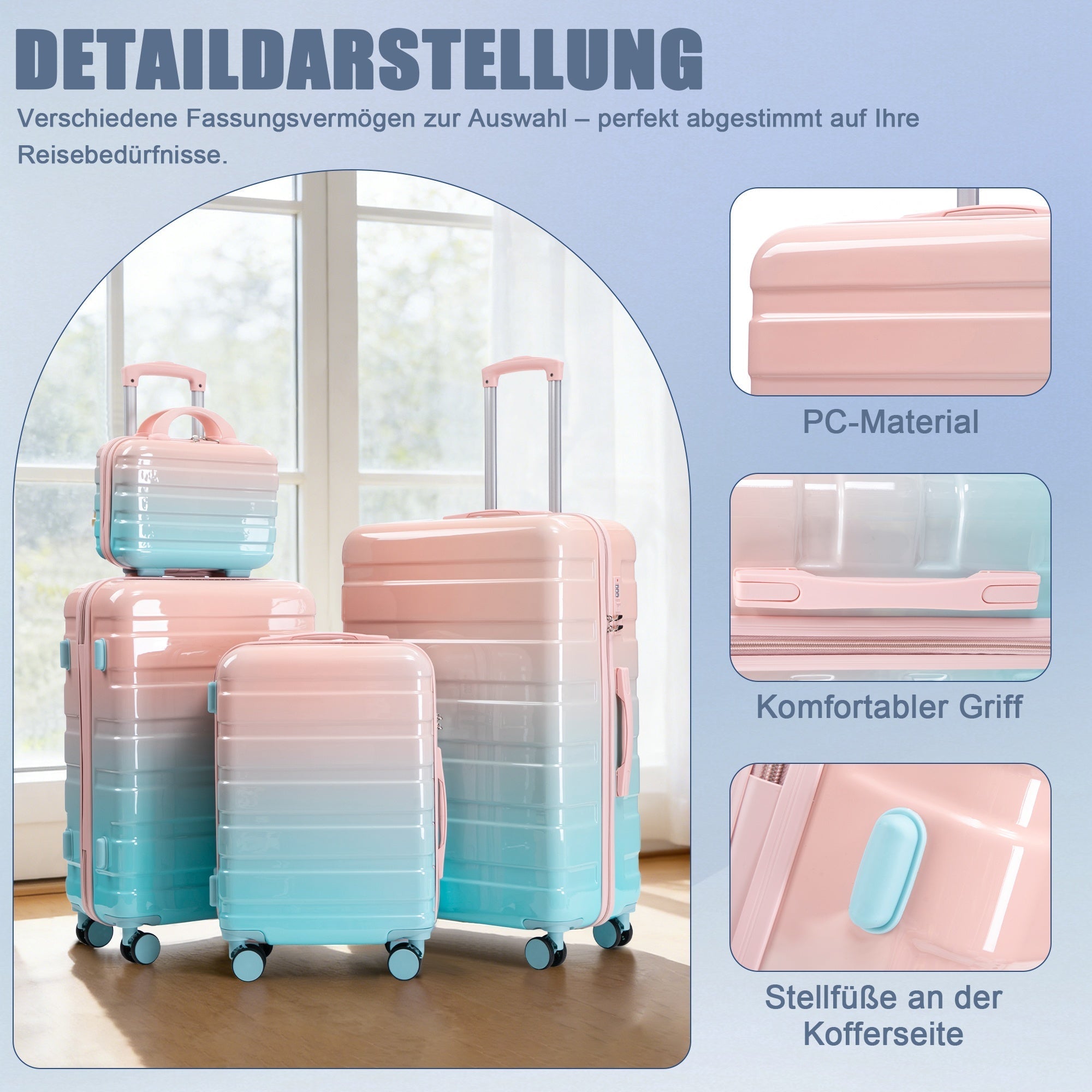 PC Spinner Luggage Set 4-Piece with Combination Lock and Cosmetic Bag - Pink