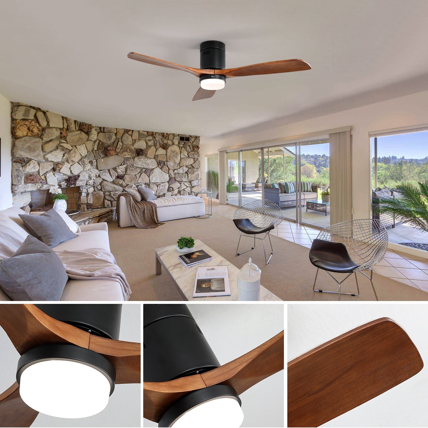 52-inch Ceiling Fan, Light, Silent Reversible Motor, Solid Wood Blades