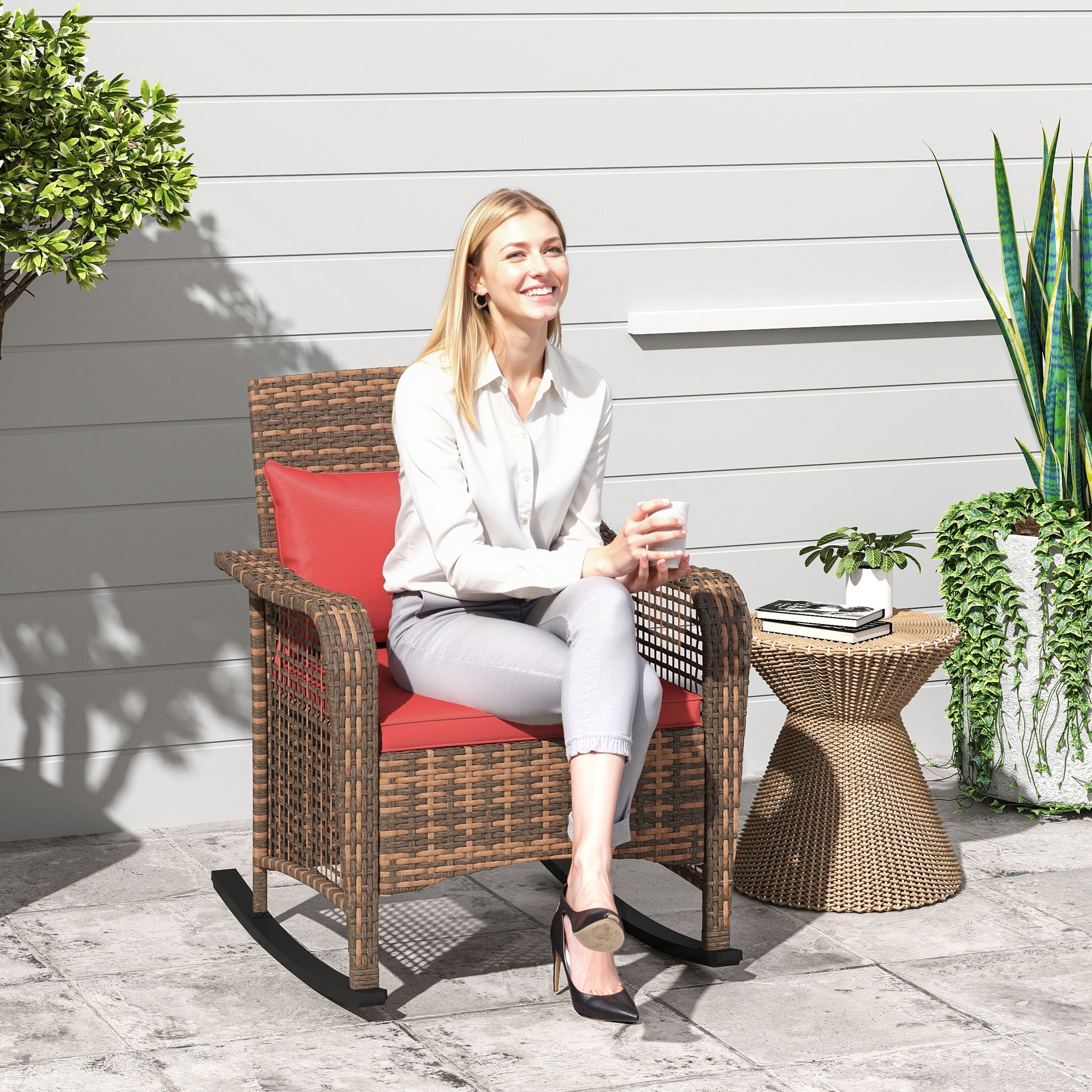 Rattan Rocking Chair Outdoor with Curved Base & Steel Frame, Red