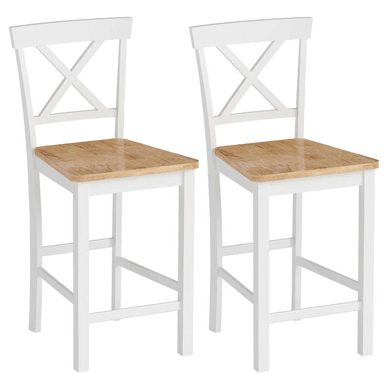 Bar Stools, Set of 2 with Backrest and Footrest, Rubberwood, Oak+White