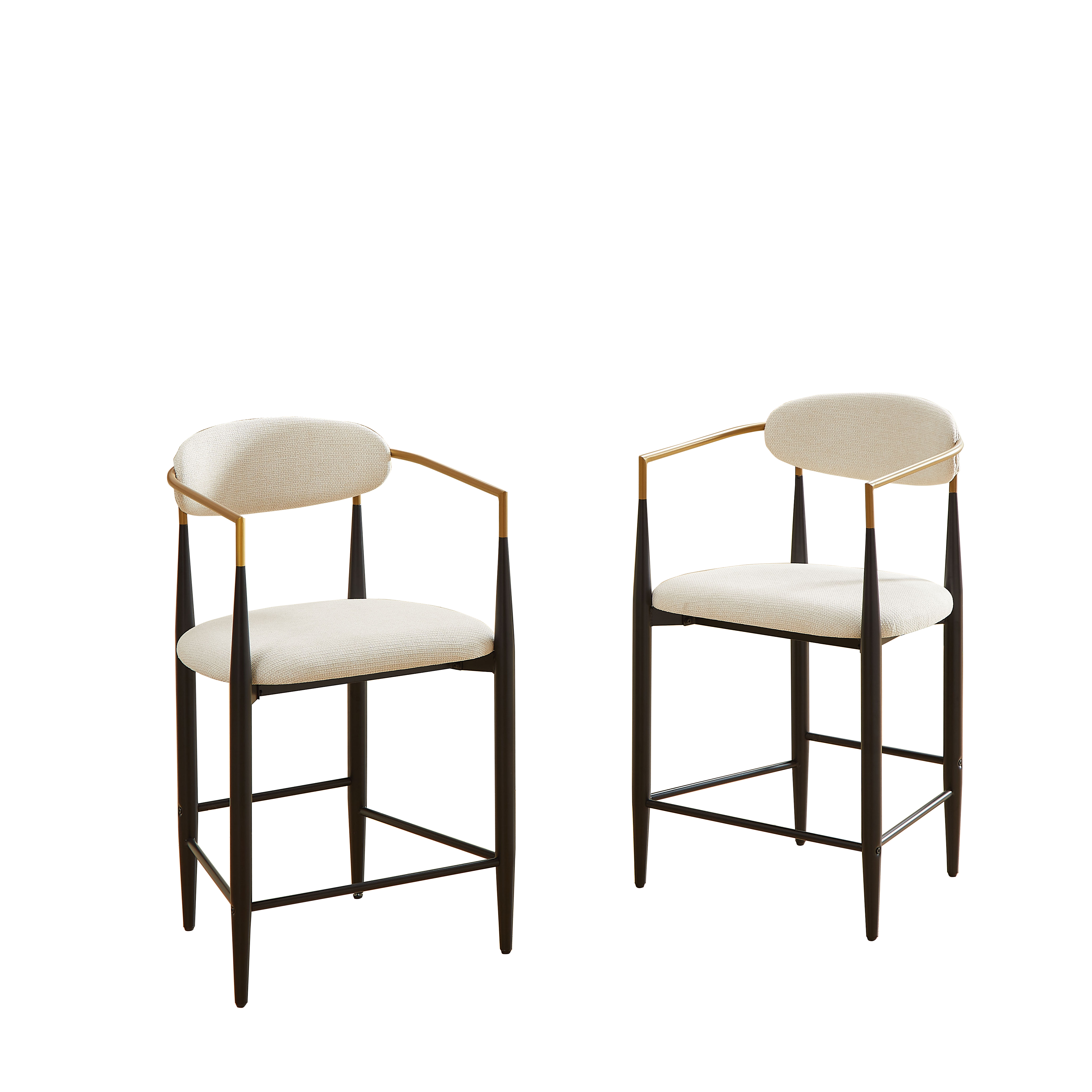 Set of 2 Bar Stools Armrests French Country Style Black/Gold - Cream Fabric