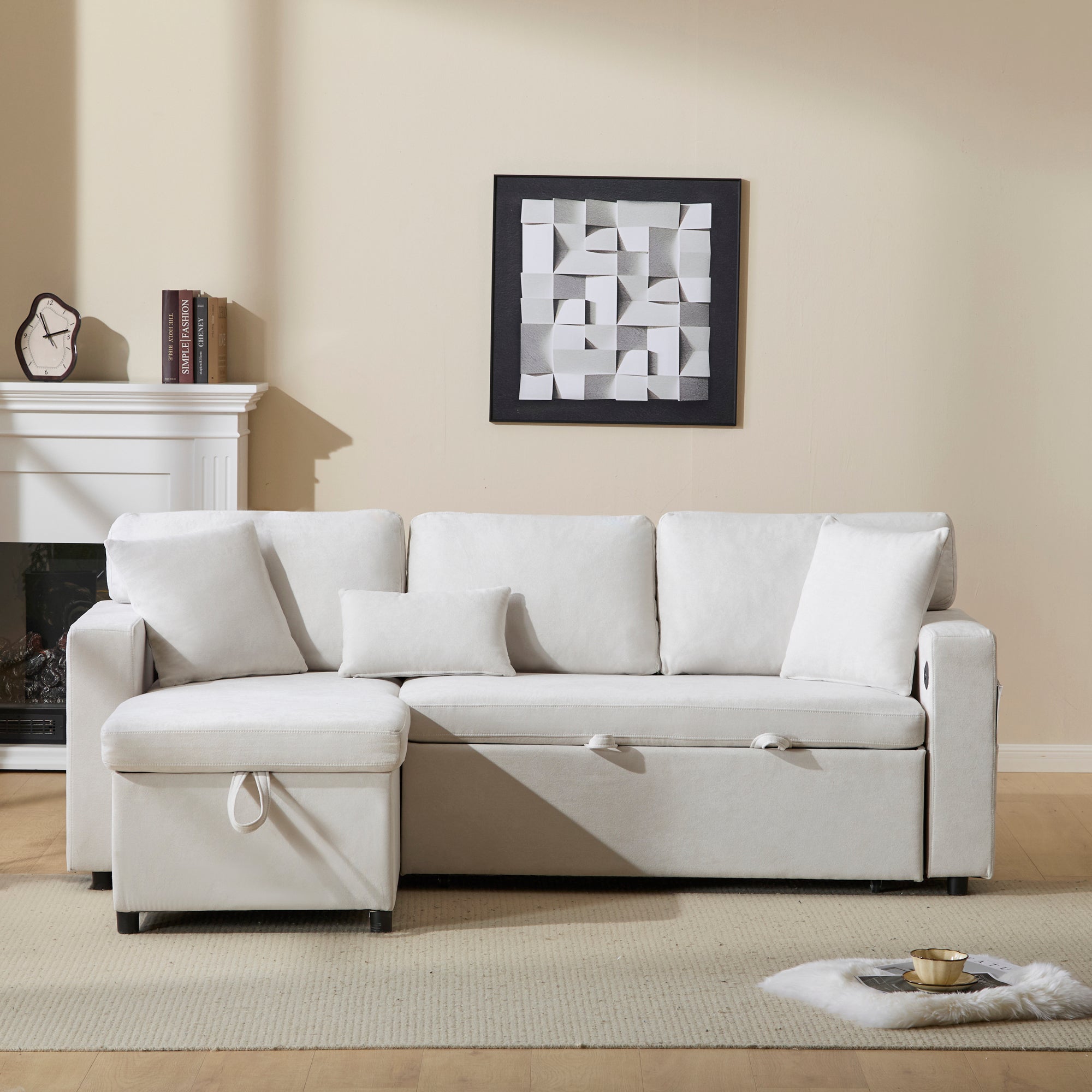 Corner Sofa Bed L-Shape Extendable Storage & Shelf - Beige