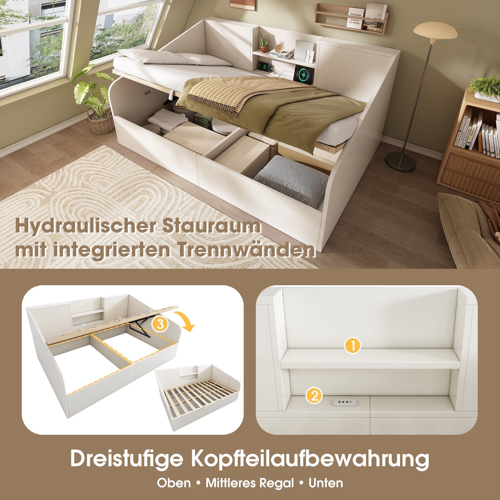 Hydraulic Daybed 140x190cm Double Bed Storage USB/Type-C Charging White Wood