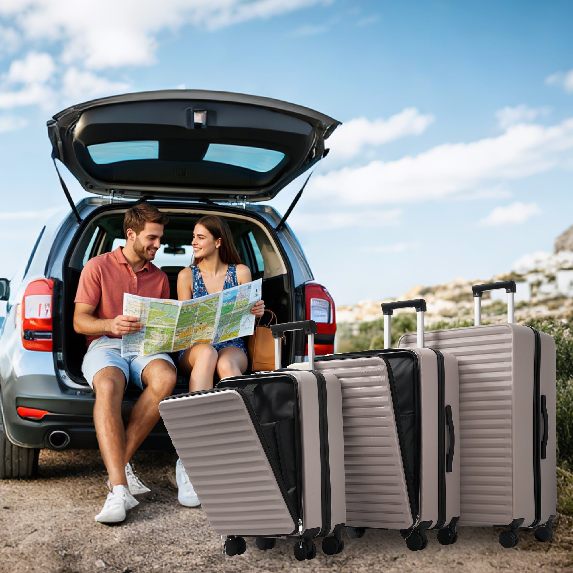 Three-Piece Luggage Set - Front-Opening Design, Cup Holders, TSA Lock, 360° Wheels, ABS