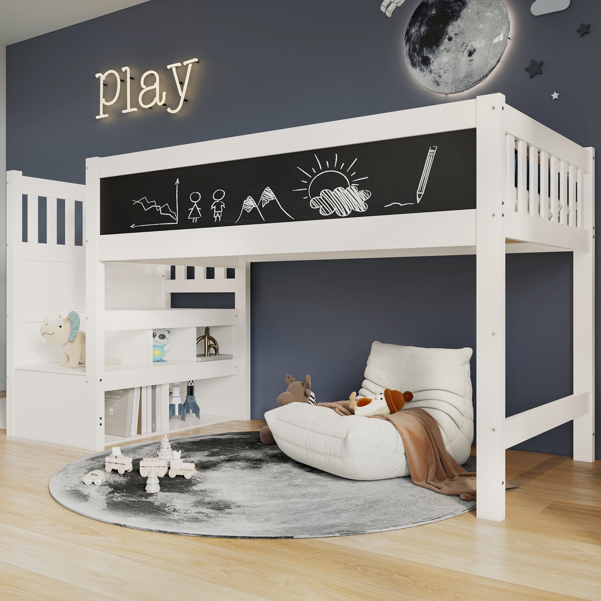 Children's Loft Bed with Whiteboard & Blackboard, Storage, 90 x 200 cm, White