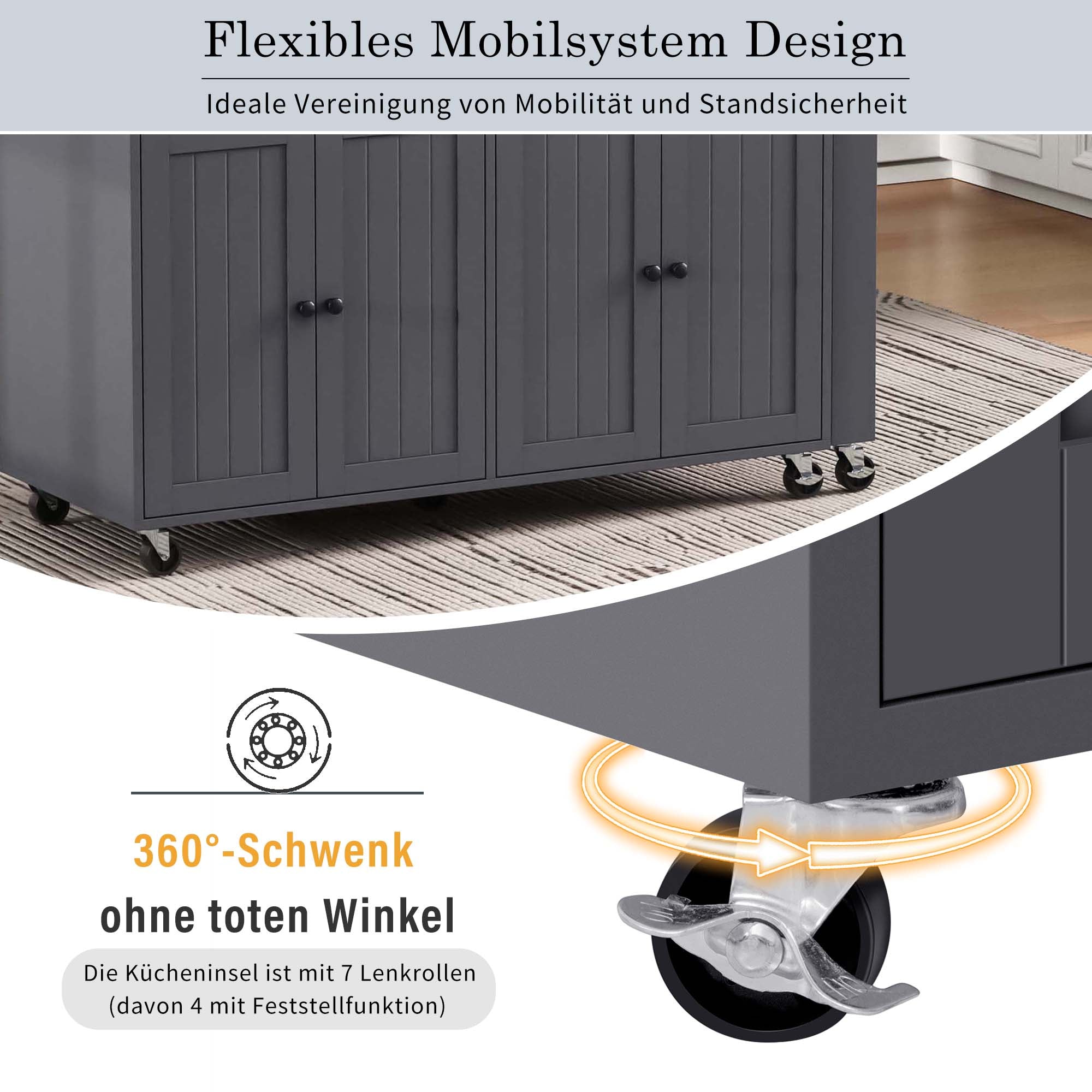 Kitchen Island, Extendable Dining Area Worktop & Drawers, Mobile Freestanding, Gray + Natural