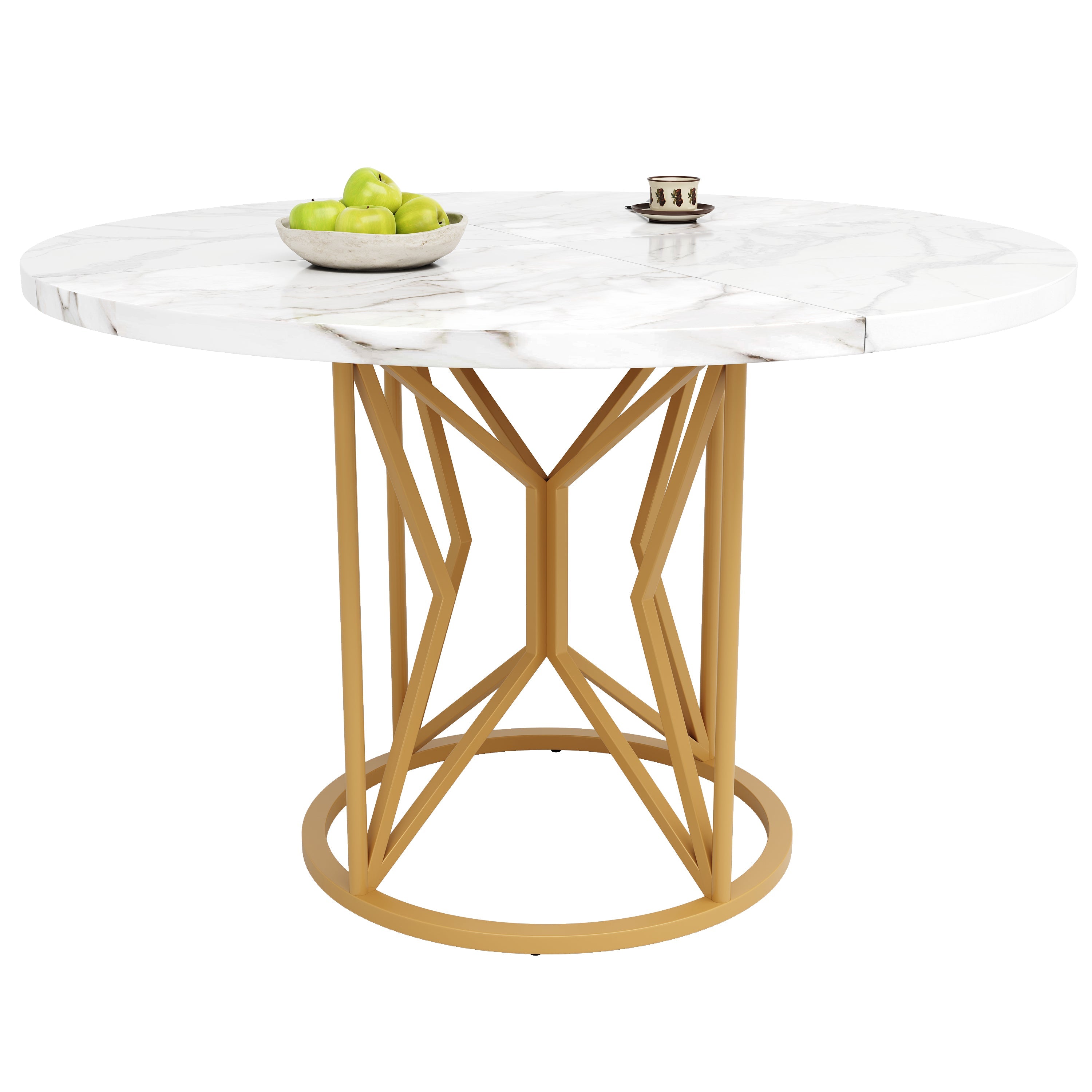 Round Dining Table 100cm Marbled MDF Geometric Metal Legs - Gold Accents