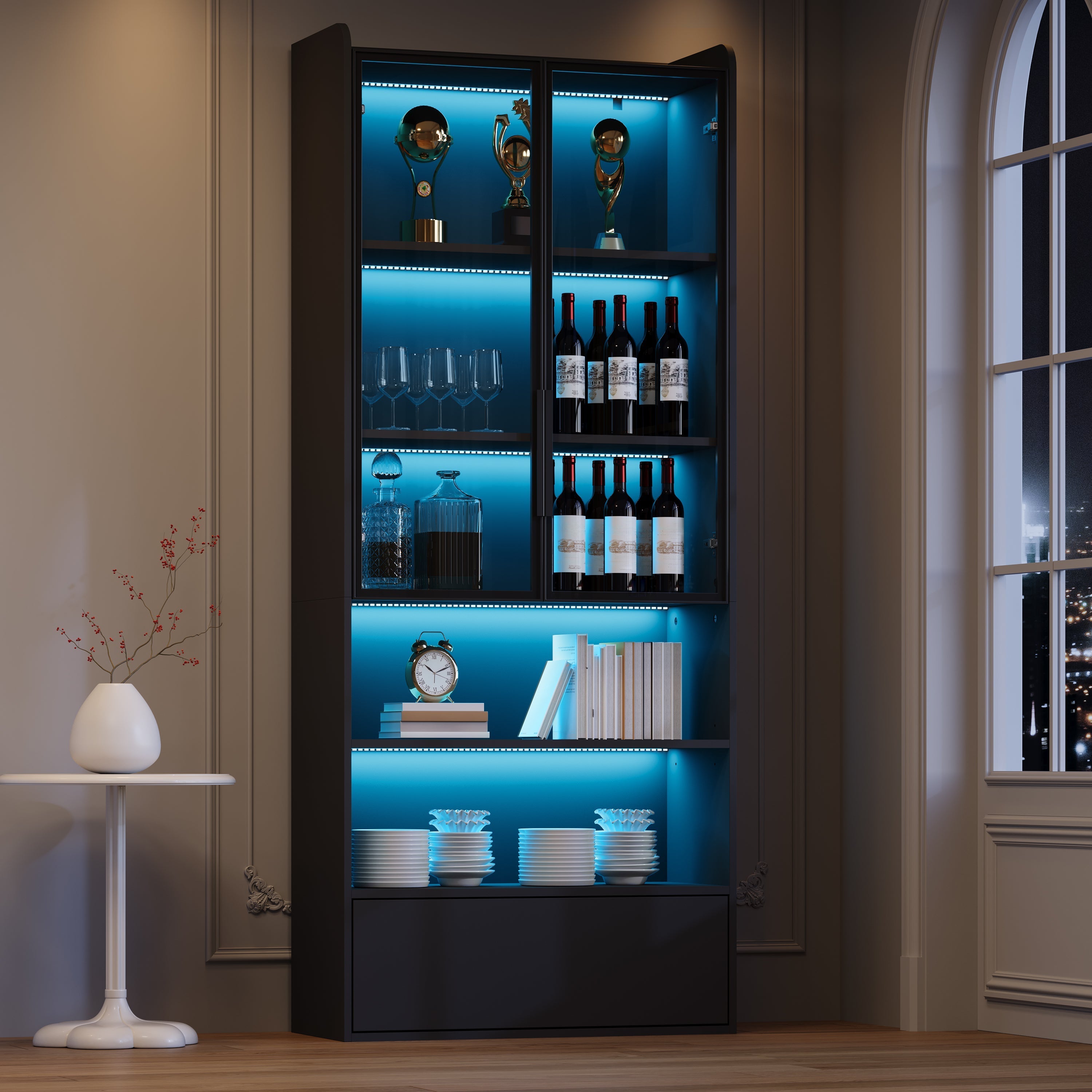 Tall Display Cabinet with 1 Drawer, LED Lighting and Glass Doors, Black