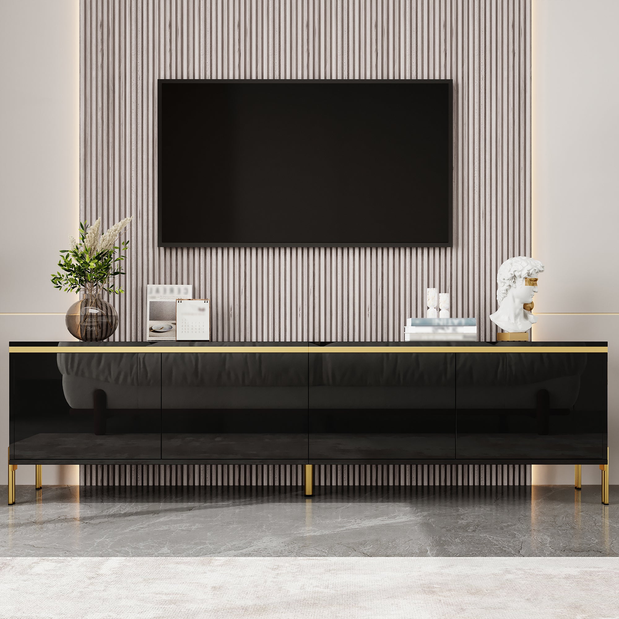 TV Stand Modern High-Gloss Storage 4 Doors Gold Trim
