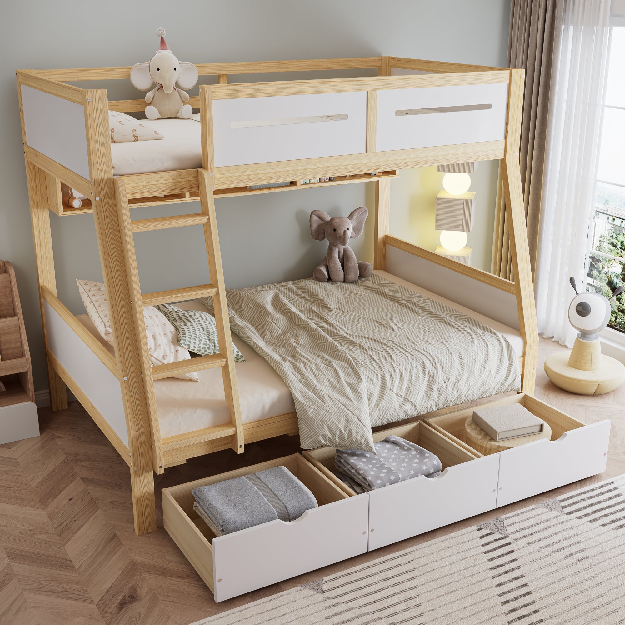 Bunk Bed, 3 Drawers, Book Stand, Fenced, Stepladder, Pine + MDF + Plywood, White + Natural
