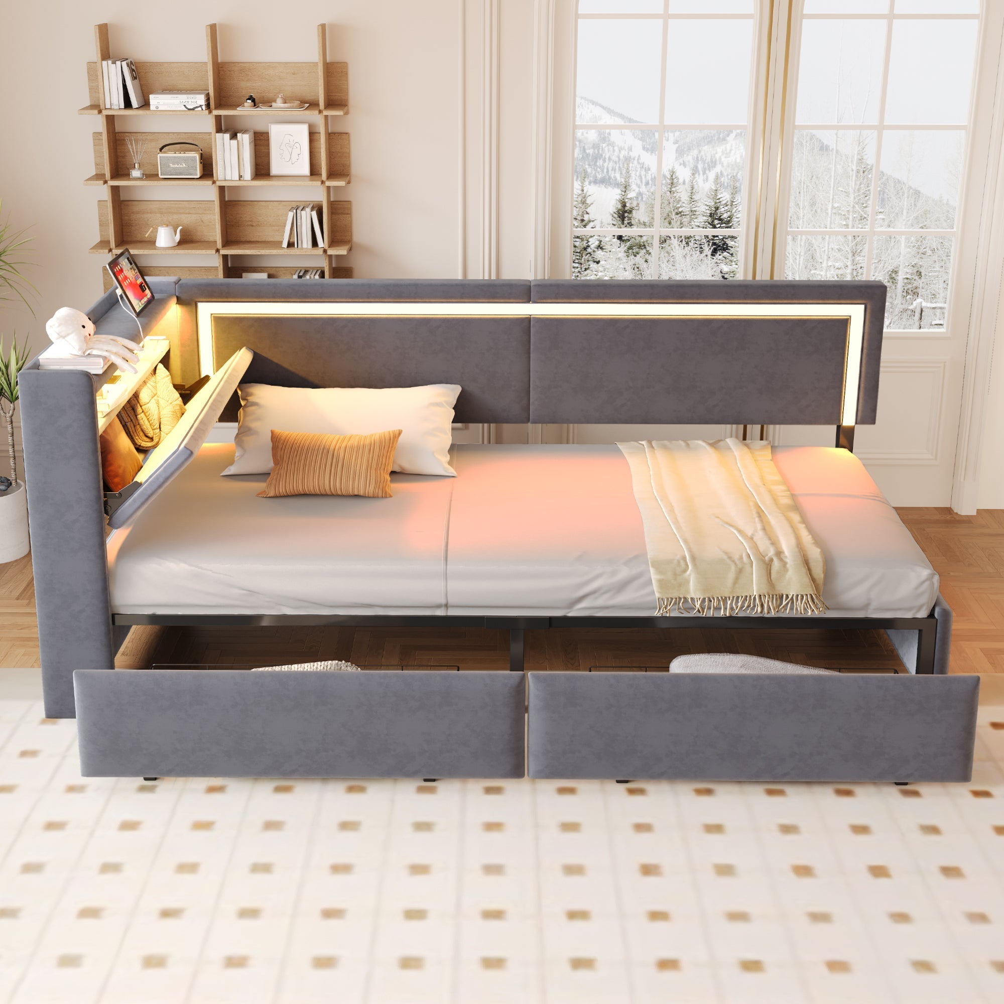 Upholstered Sofa Bed 90x200cm with LED & USB Headboard Storage Drawer Dark Grey Velvet
