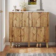 Shoe Cabinet with 4 Doors and Marble Look Worktop, Wood Look and Solid Wood Legs