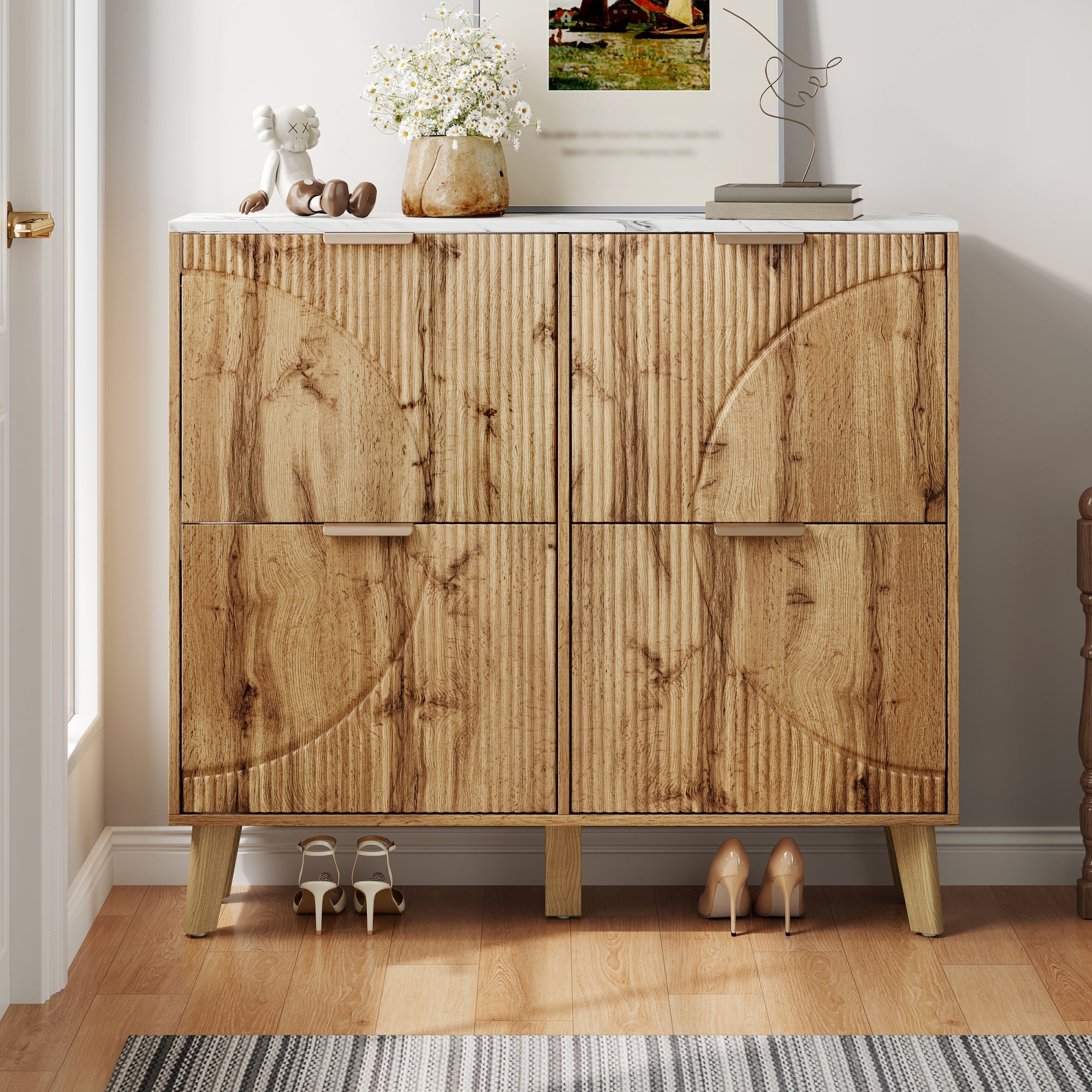 Shoe Cabinet with 4 Doors and Marble Look Worktop, Wood Look and Solid Wood Legs