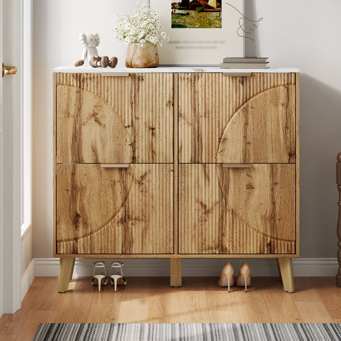 Shoe Cabinet with 4 Doors and Marble Look Worktop, Wood Look and Solid Wood Legs