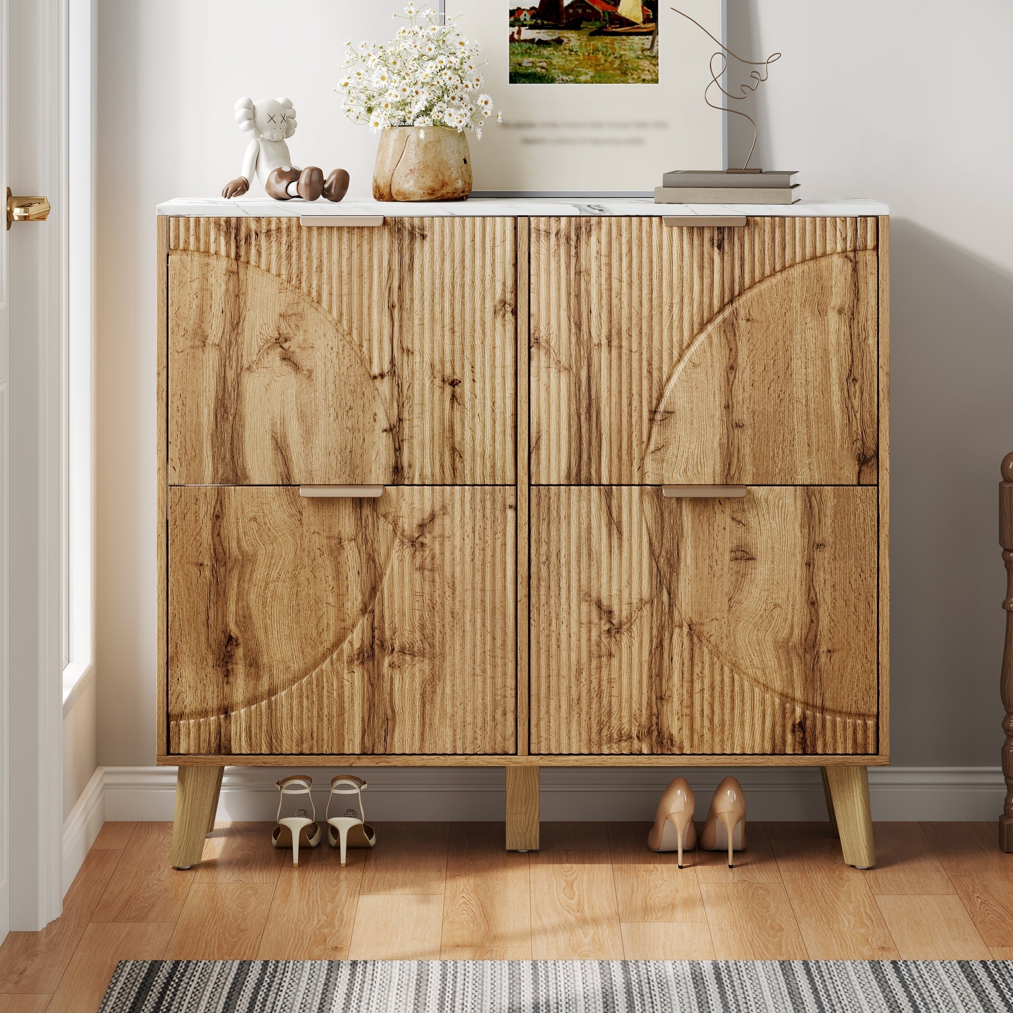 Shoe Cabinet with 4 Doors and Marble Look Worktop, Wood Look and Solid Wood Legs
