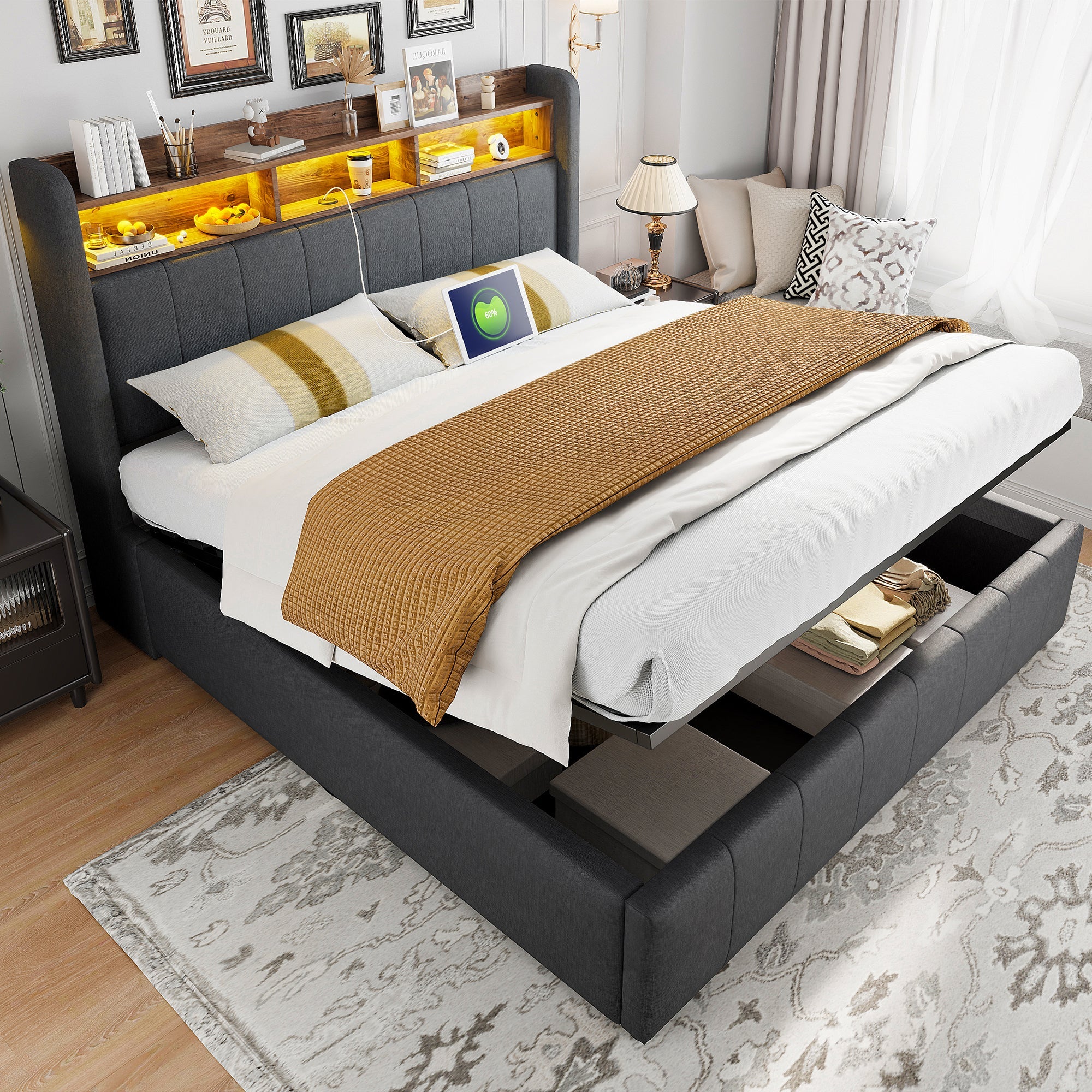 Upholstered Bed 160*200cm, LED Lighting, USB Socket, Hydraulic Storage, Linen Fabric Gray