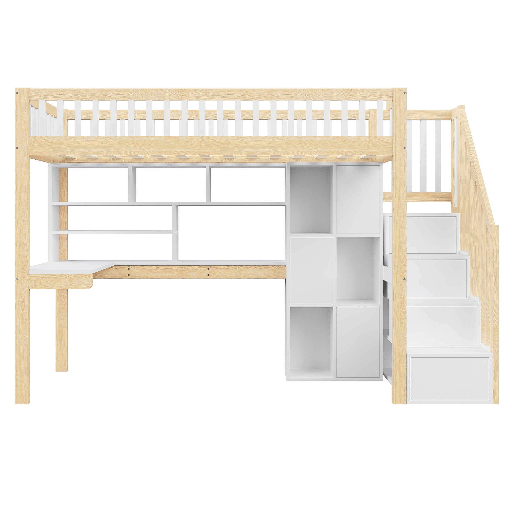 Loft Bed with LED Lights, Desk, Shelves and Storage Ladder, 90x200cm, White and Natural Wood