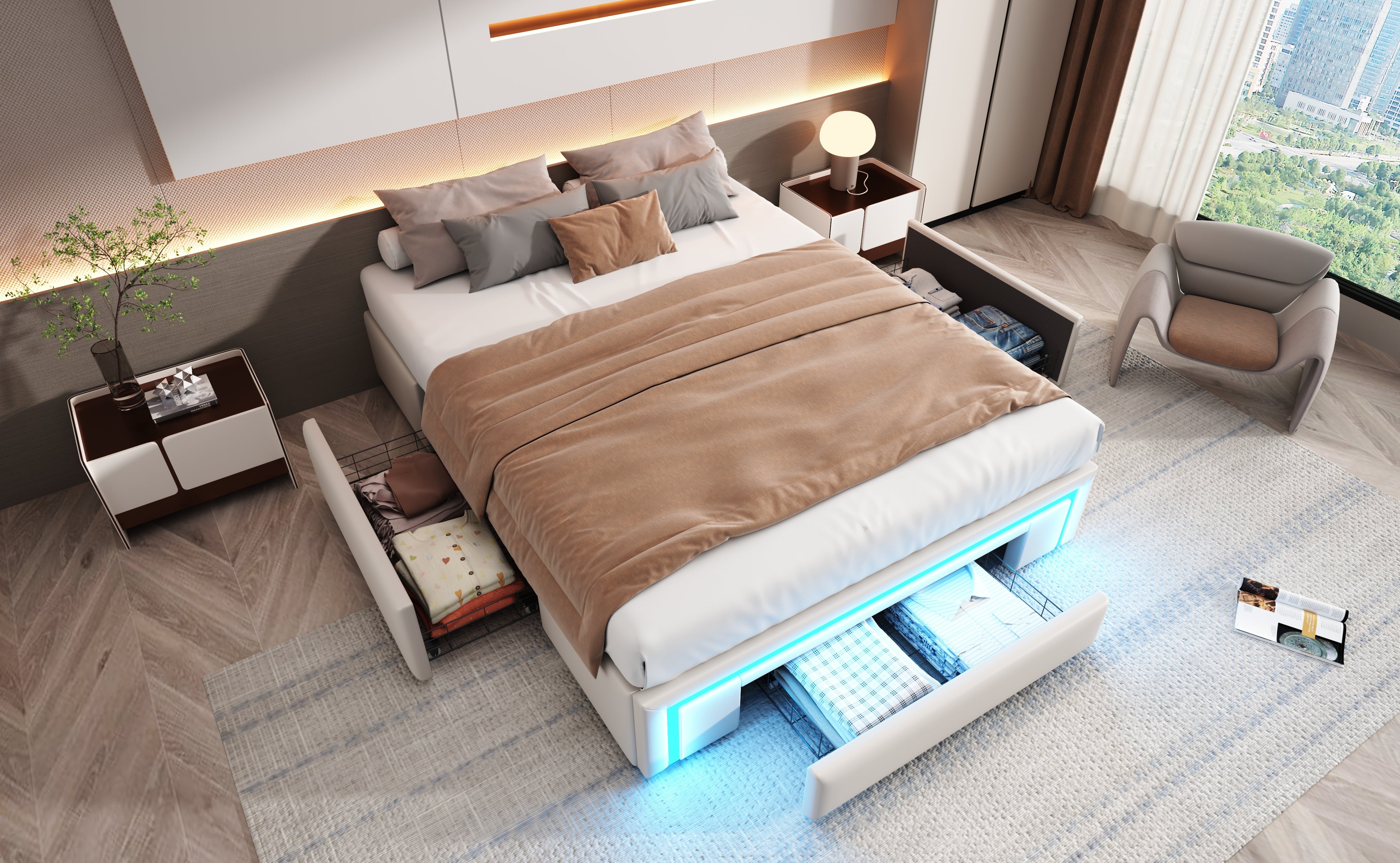 Bed Frame 140x200 with Drawers, LED Light Bar, Metal Slatted Platform, PU Leather Beige