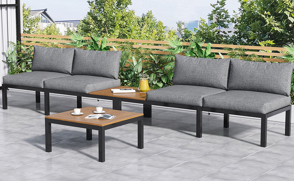 Outdoor Patio & Backyard Furniture Garden Lounge Set for 4, Space Saving L-Shaped Corner Sofa with Wooden Table, Grey