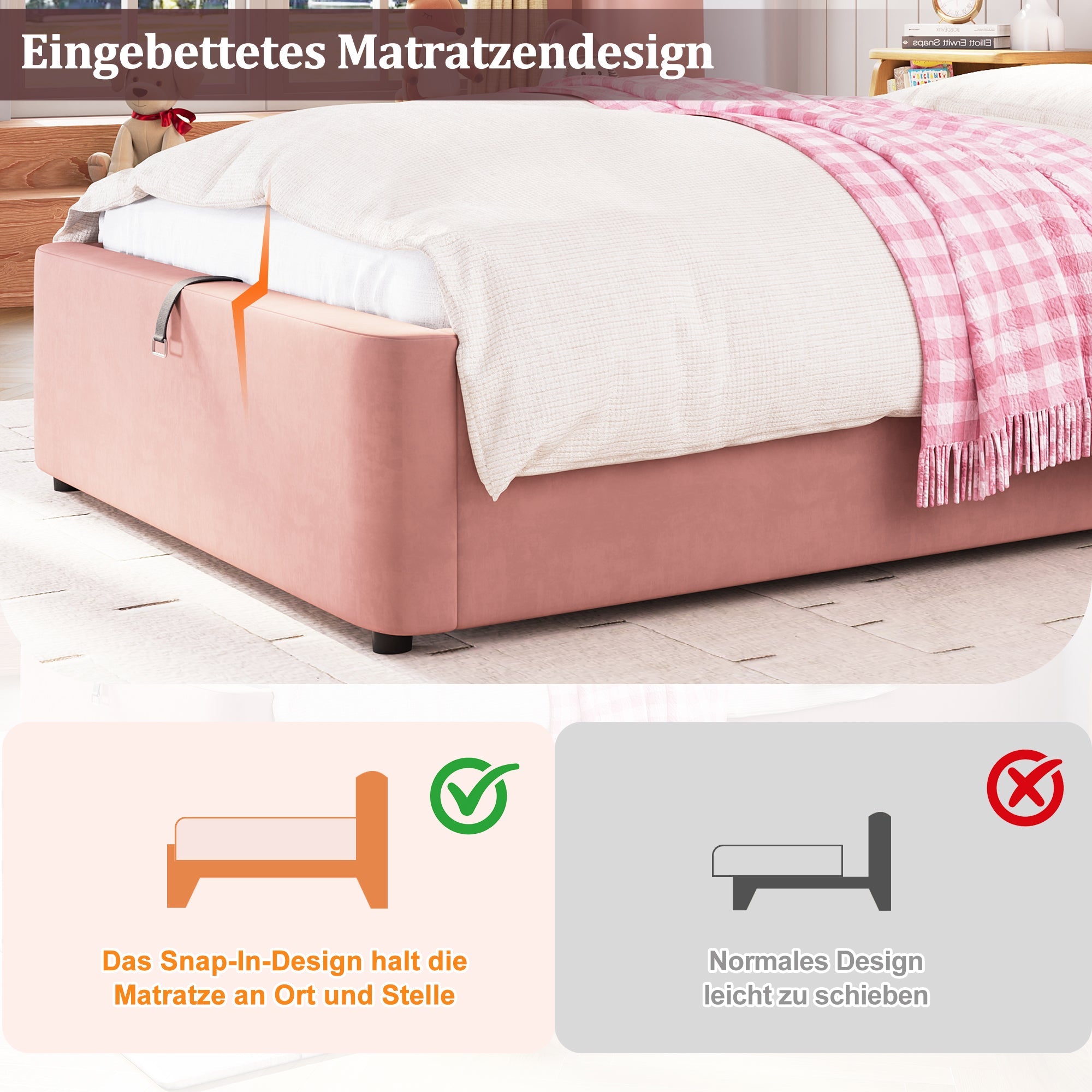 Upholstered Bed 90x200cm Hydraulic Storage Headboard, Velvet Pink