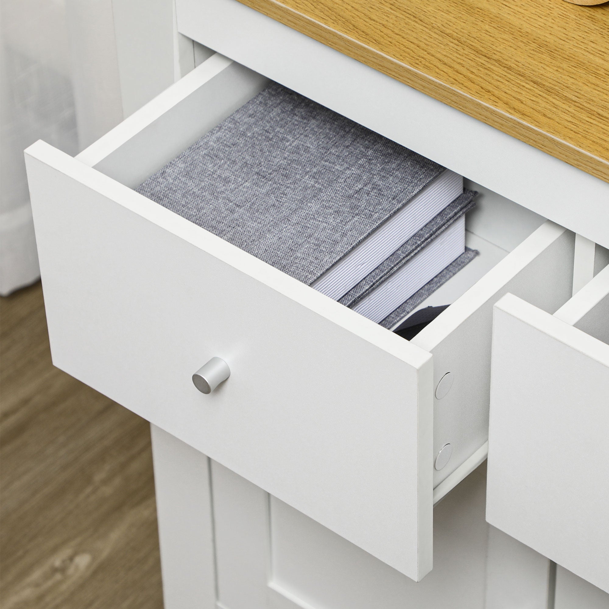 Sideboard Storage Cabinet with Double Doors and Drawers, White Engineered Wood