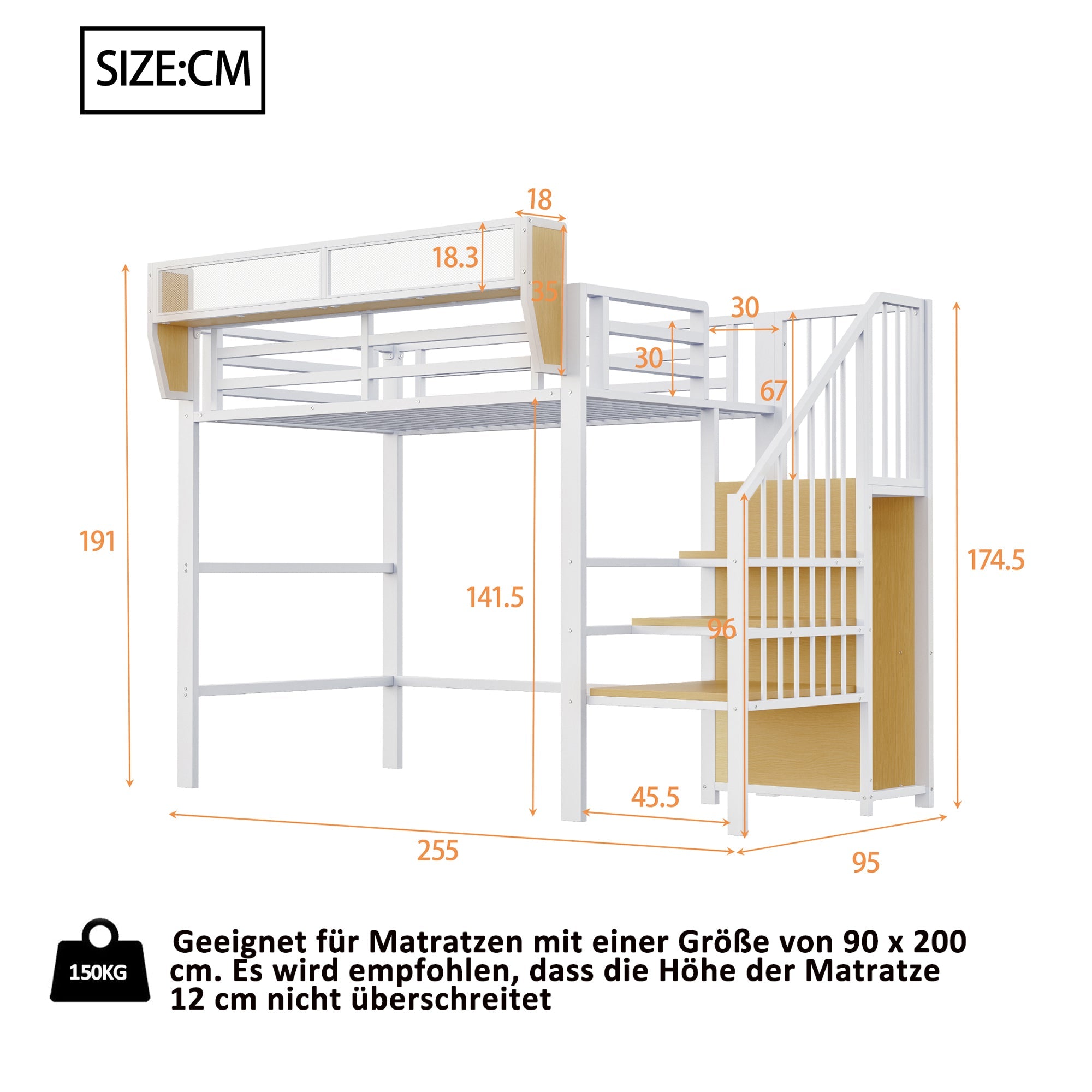 Loft Bed 90x200 Safety Ladder Storage Compartment Metal, White