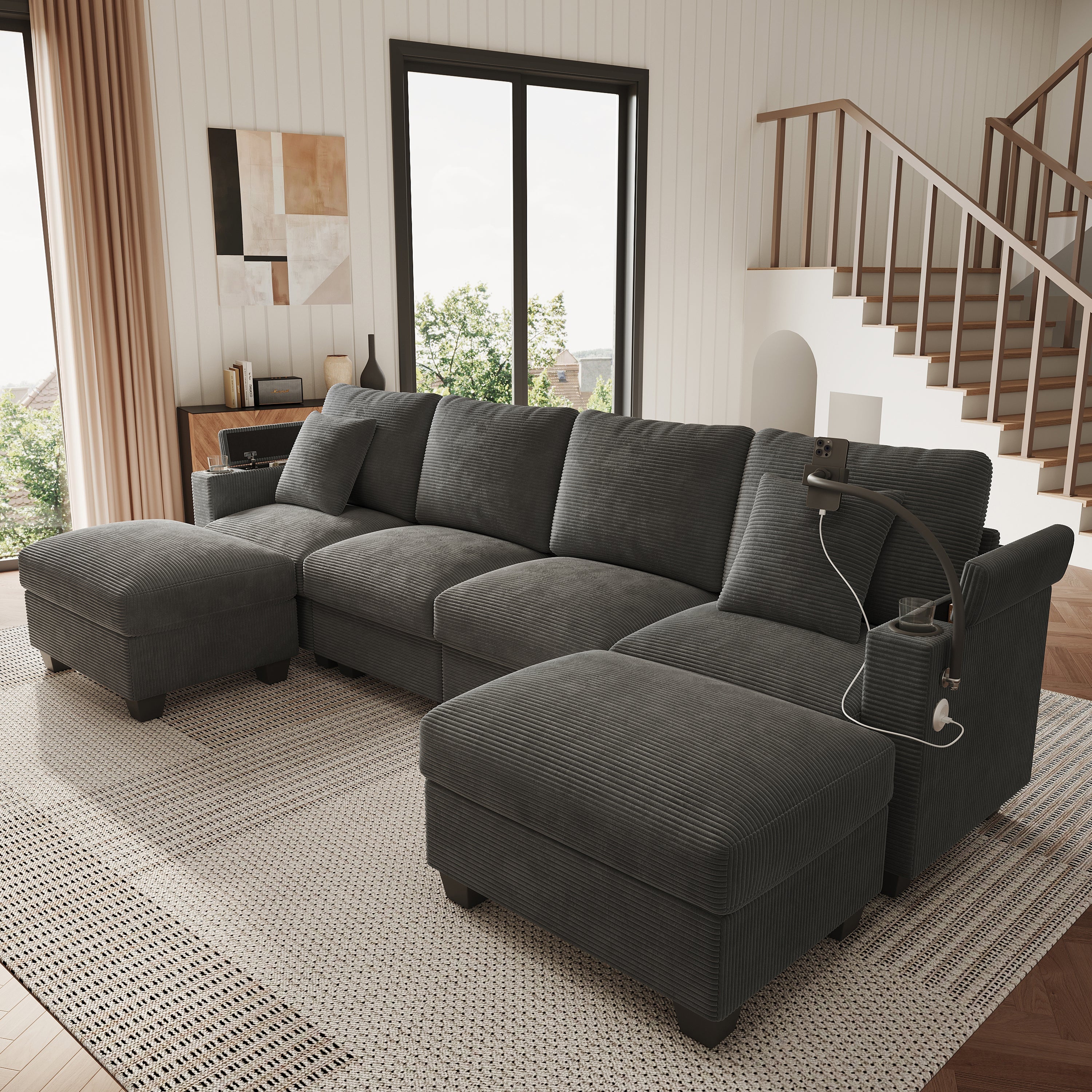 U-Shaped Modular Sofa with Sleeping Function, USB Port and Phone Holder, Gray Corduroy