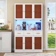Kitchen Sideboard Tall Cabinet with LED & Socket, White Fabric/Solid Wood