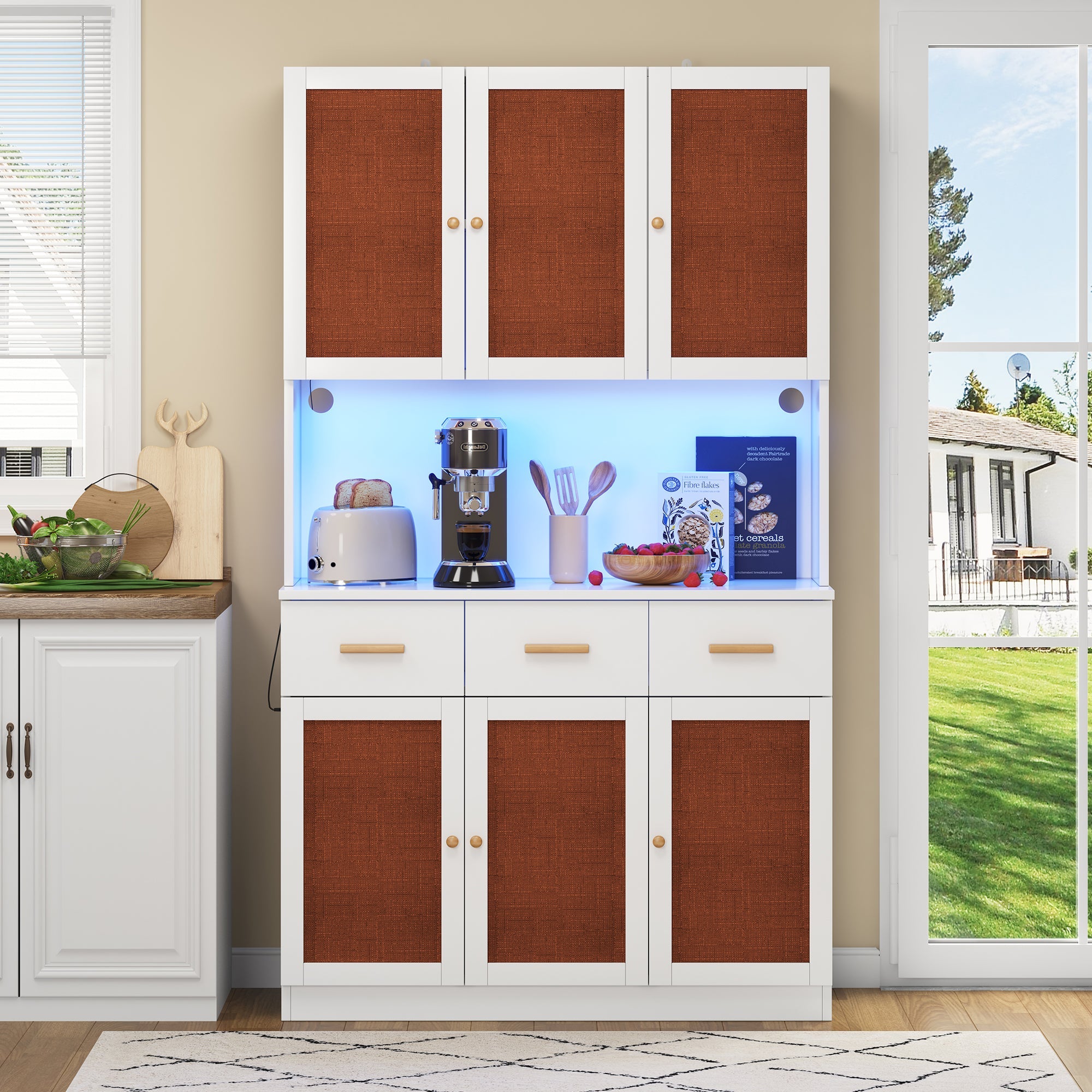 Kitchen Sideboard Tall Cabinet with LED & Socket, White Fabric/Solid Wood