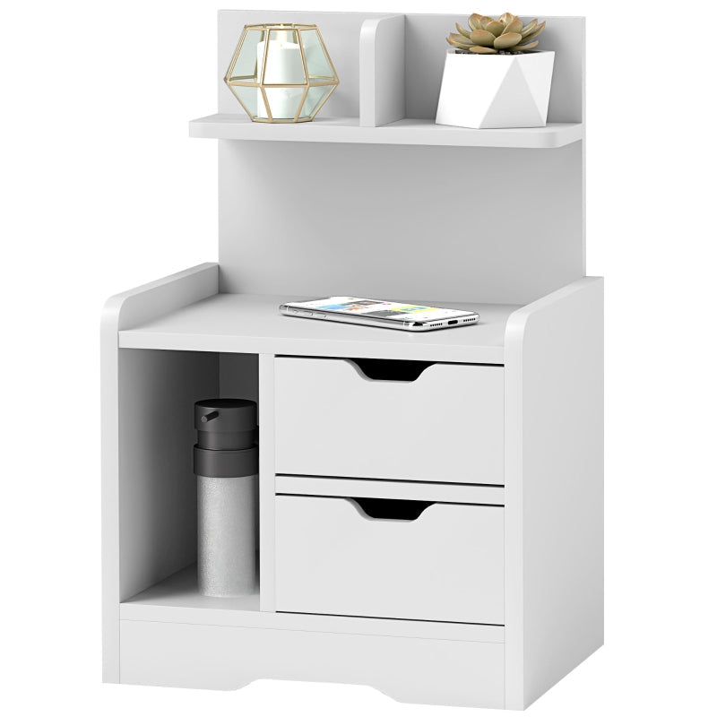 Bedside Table with 2 Drawers, Open Shelf, White