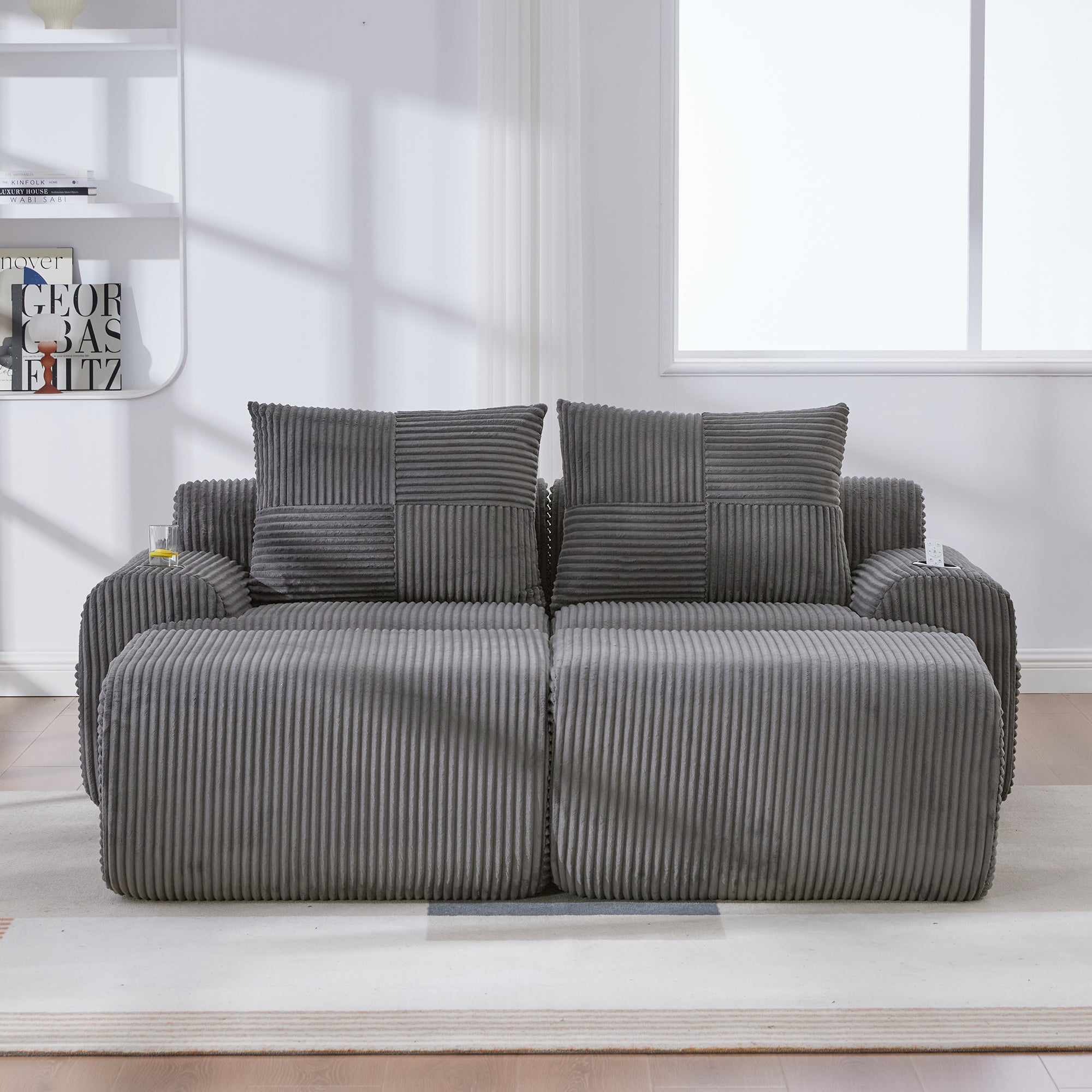 Modular 2-Seater Corduroy Sofa with Ottomans, Cup Holders and Storage Pocket, Dark Grey