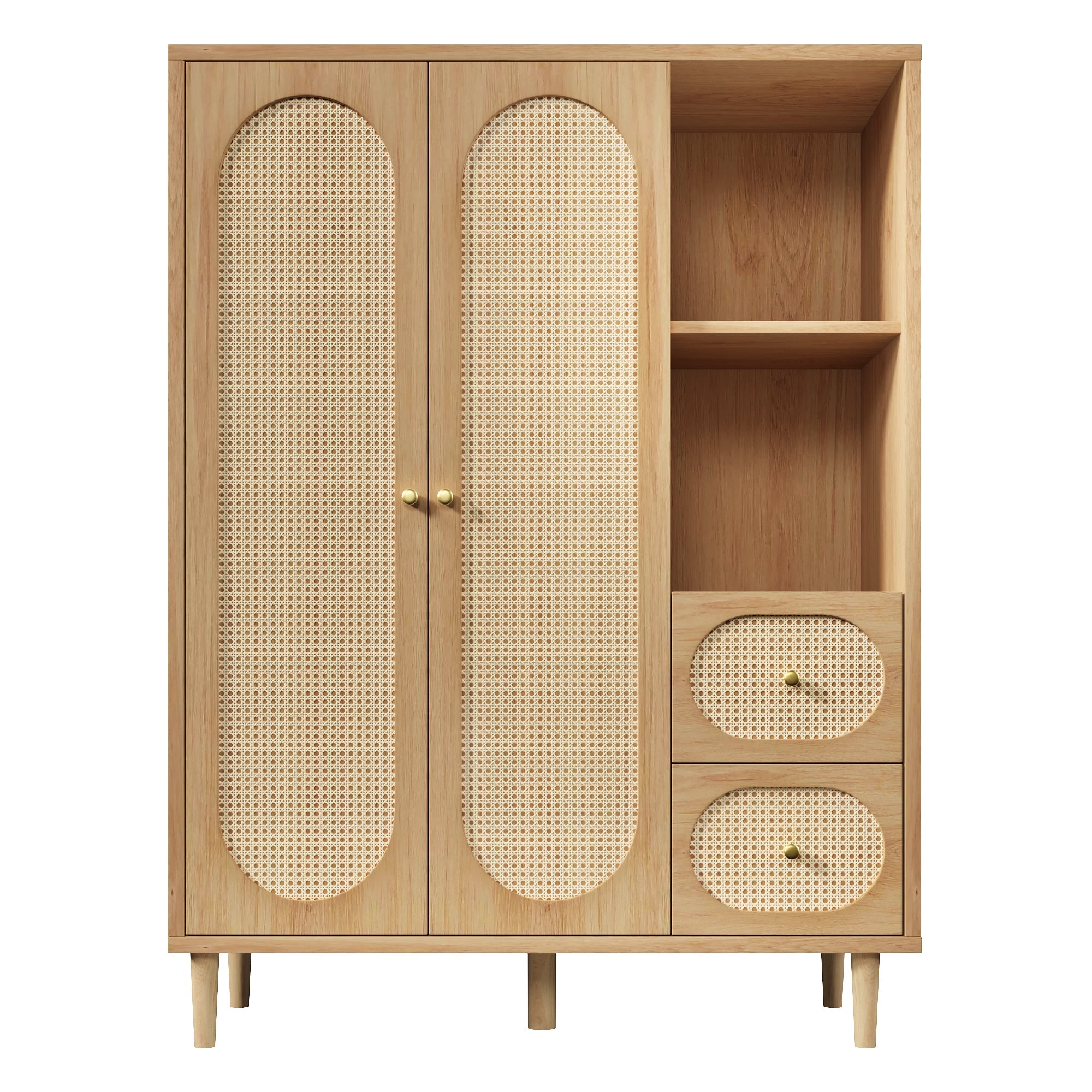 Country-Style Wardrobe with 2 Doors, 2 Drawers and Open Shelves, 161x120x44cm, Oak Wood