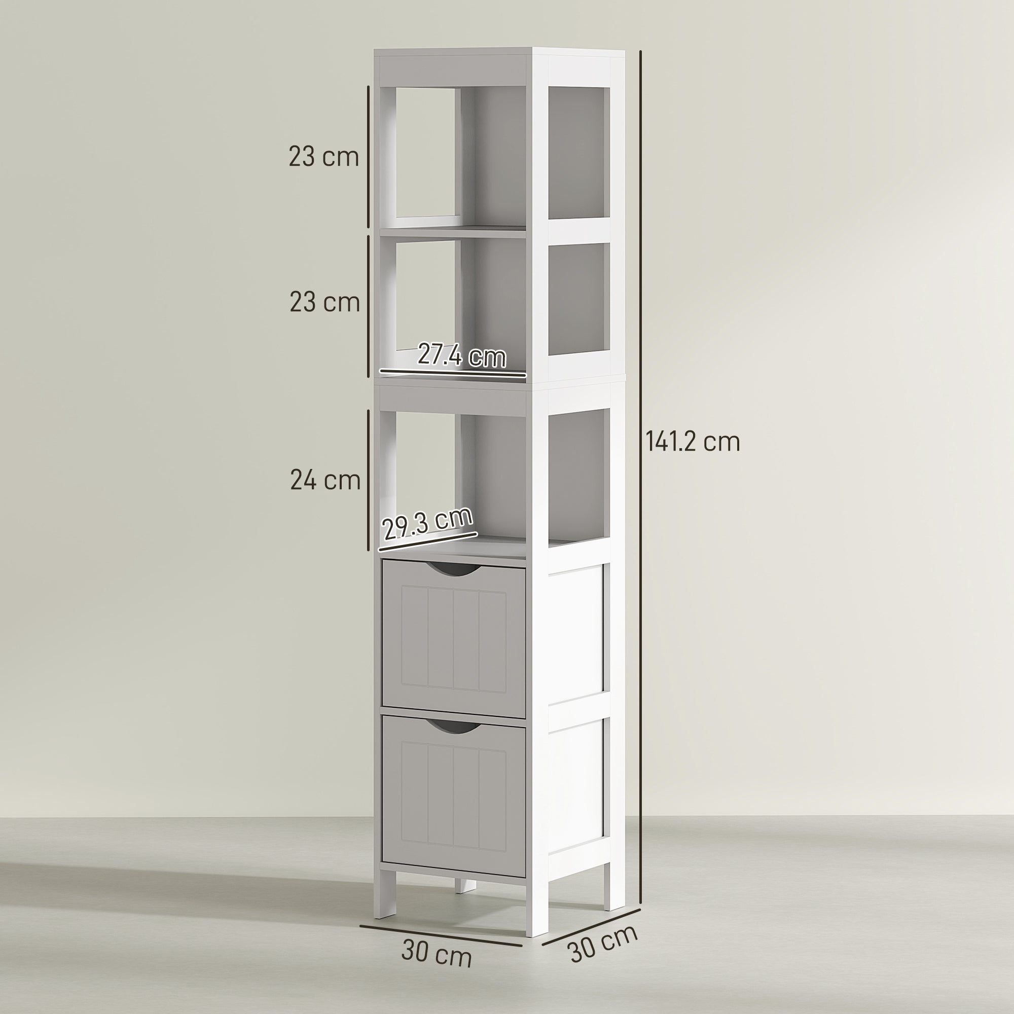 Schlanker Badezimmerschrank, Hochschrank mit 2 Schubladen, 3 offenen Fächern, Weiß