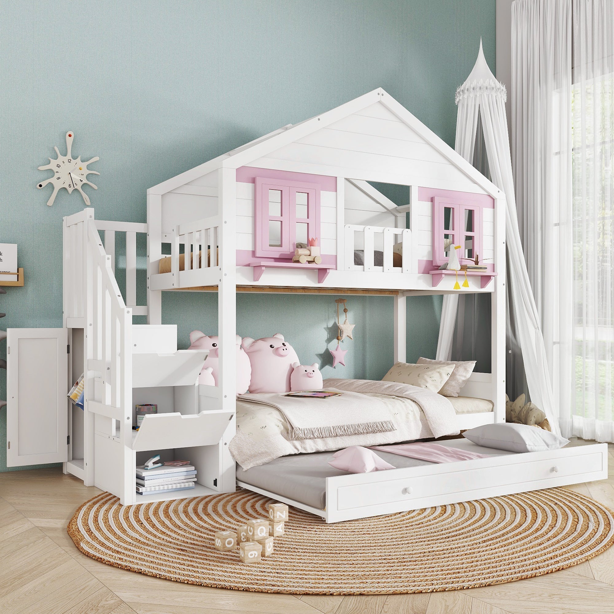 Bunk Bed 90x200cm Trundle Clothes Hanging House Design - White/Pink