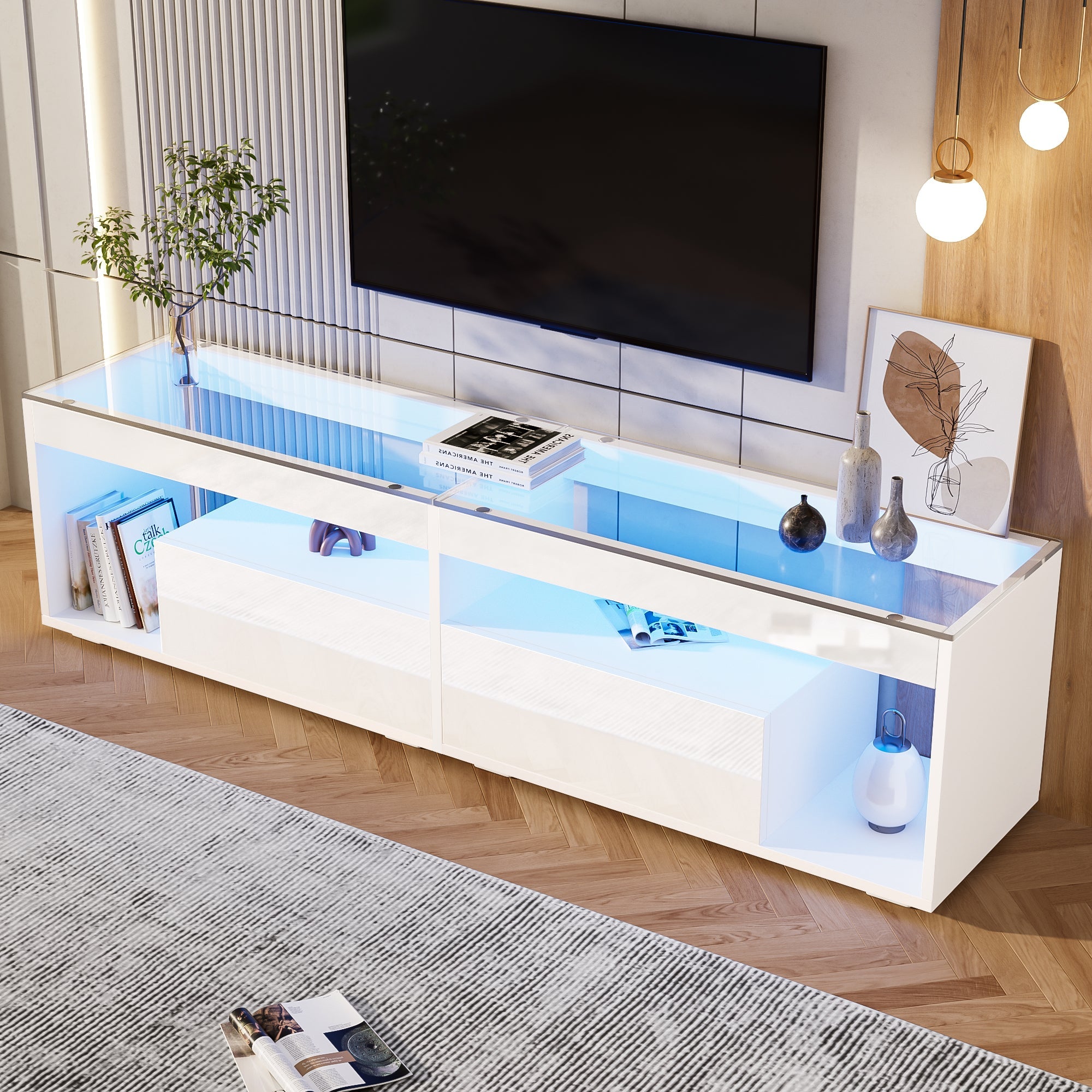 LED High-Gloss TV Cabinet for 70 Inch TVs, 2 Drawers, White