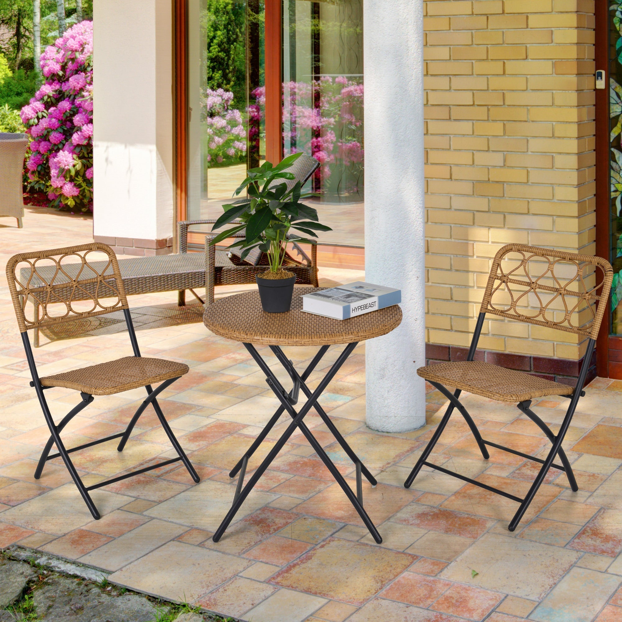3 pcs Bistro Set, Foldable Rattan Wicker Coffee Table & Chairs, Natural
