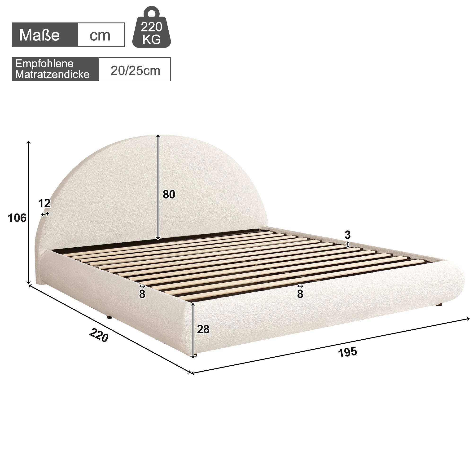 Upholstered Double Bed with Hydraulic Storage and Slatted Frame, 180x200cm, White Bouclé