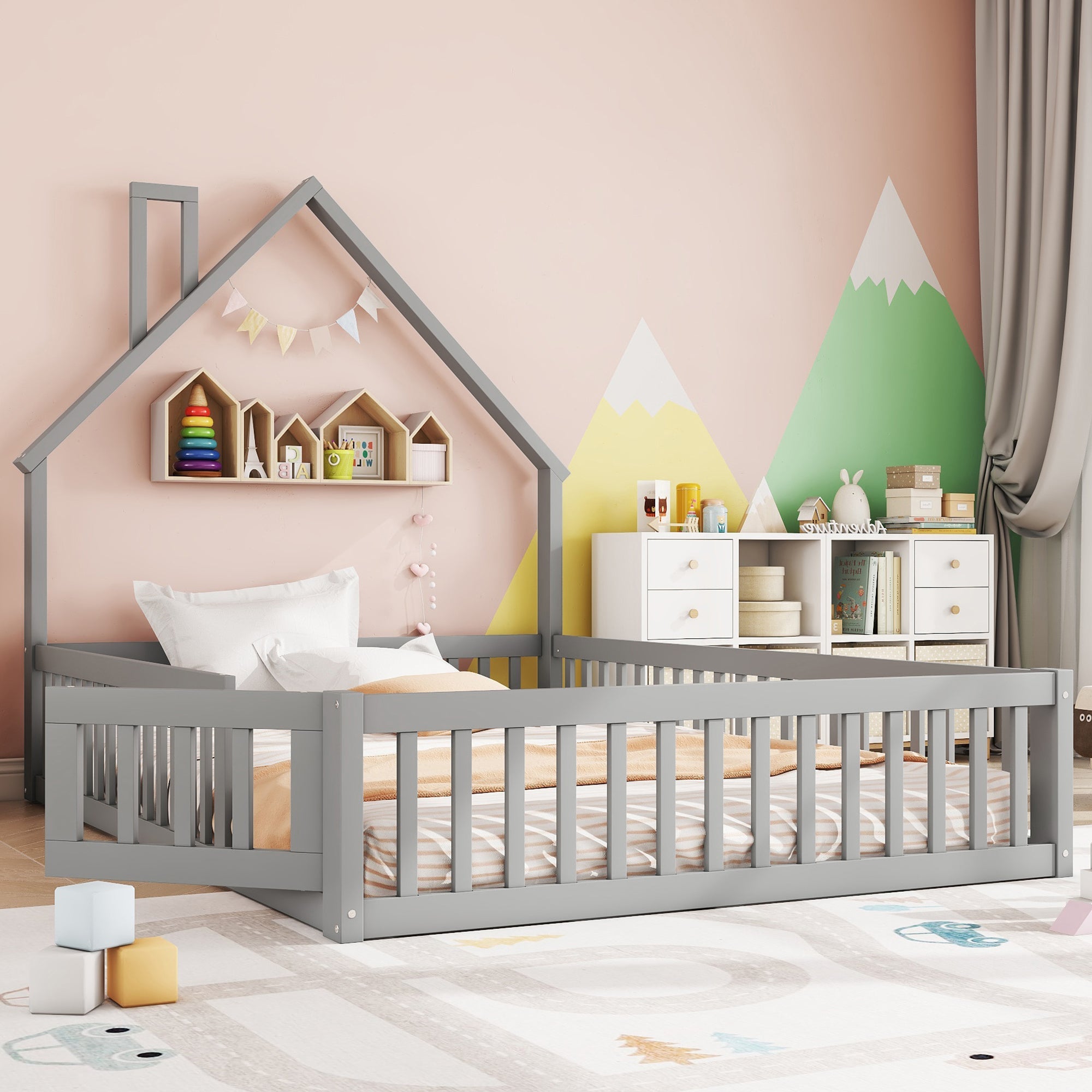 Upholstered Bed 140x200cm Chimney Design Pine Frame - Grey