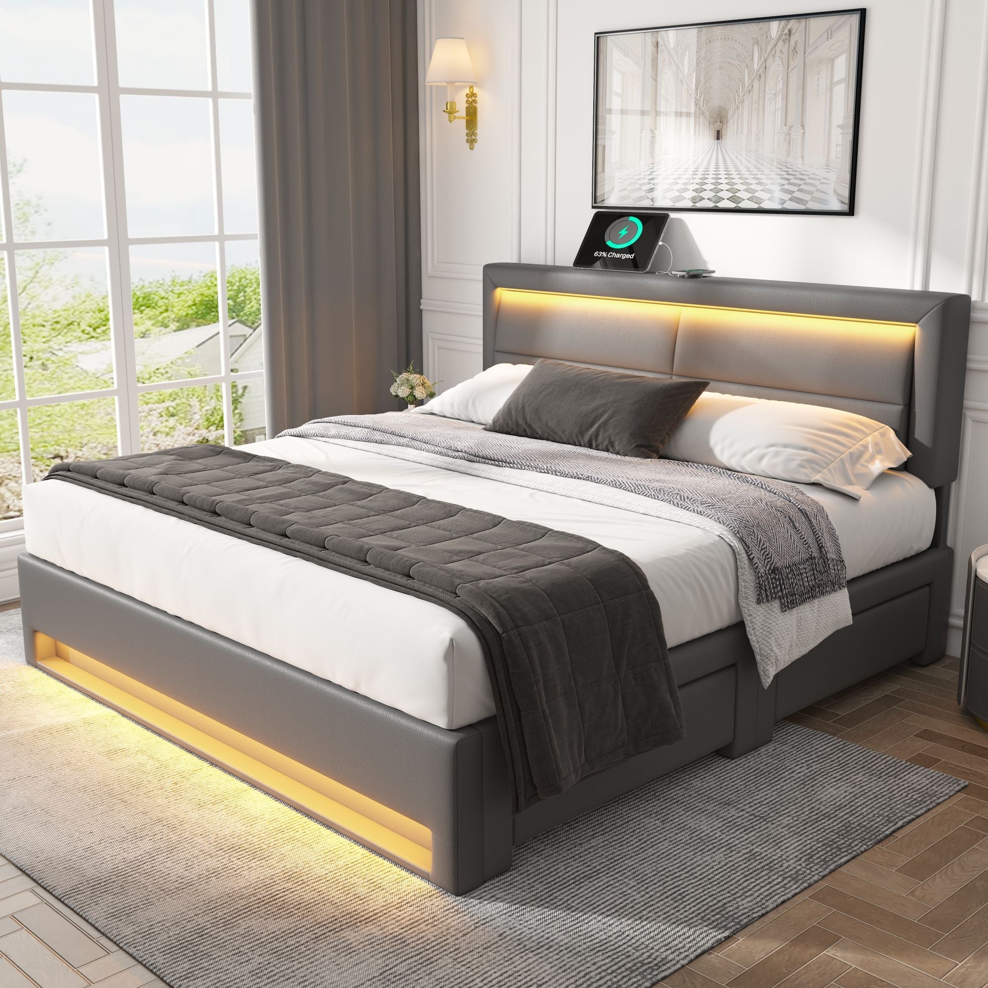 Lit capitonné 140x190cm, USB Charging, LED, Four Drawers, PU Litchi Gray