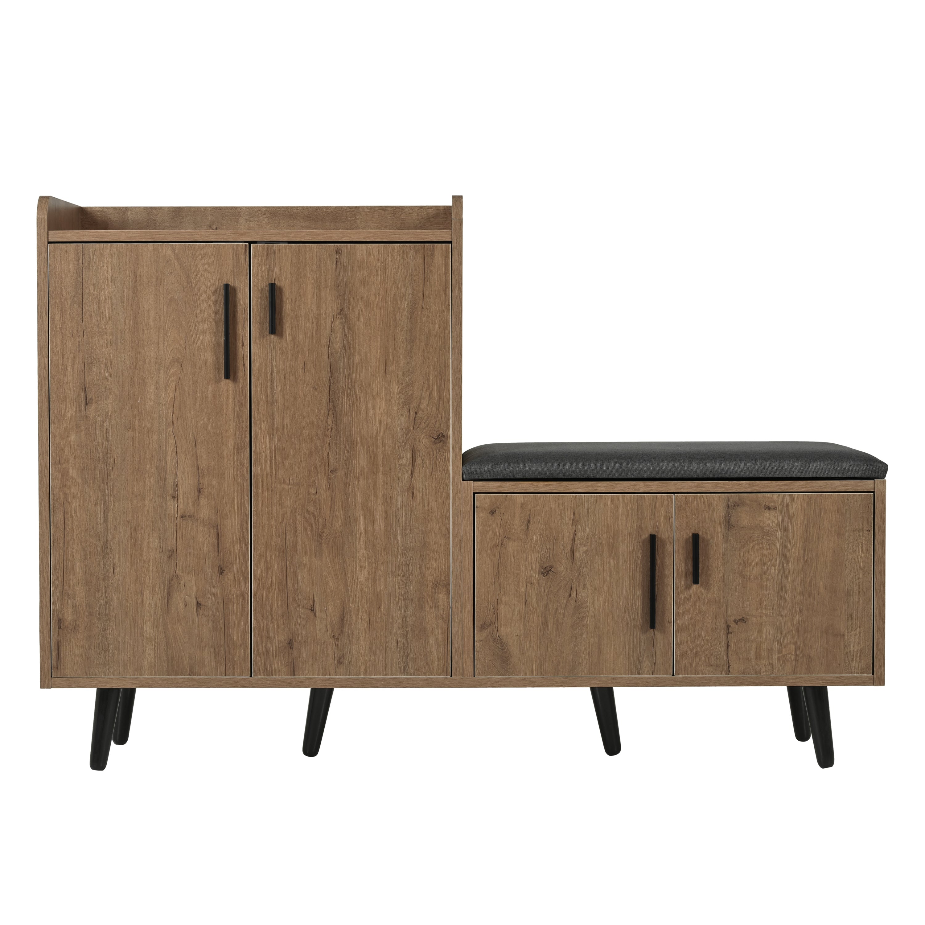Modern shoe bench with wood grain, shoe cabinet, four storage doors, asymmetrical metal handles