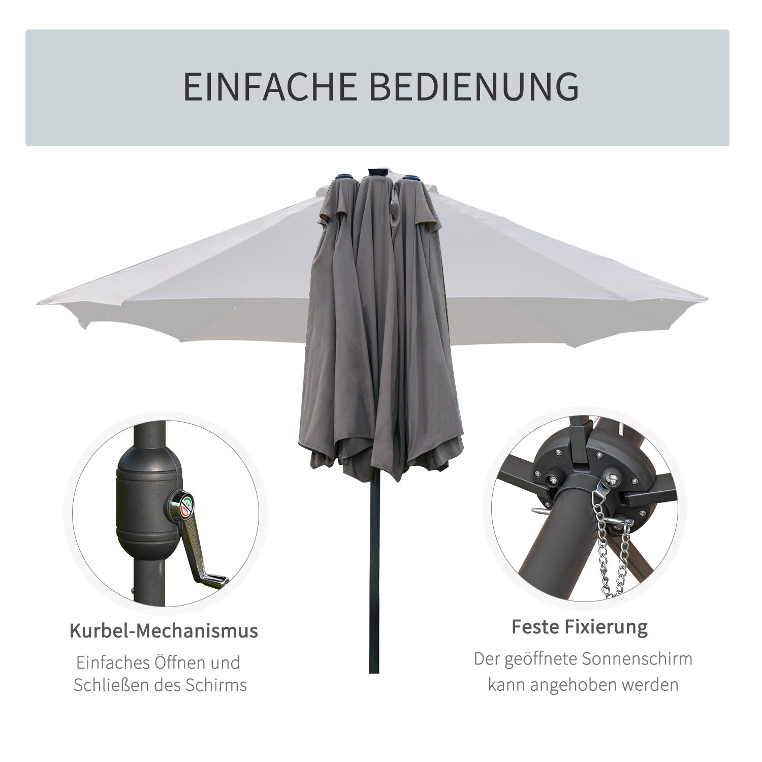 Parasol 440x260cm Double LED Hand Crank Patio Umbrella Dark Grey Metal