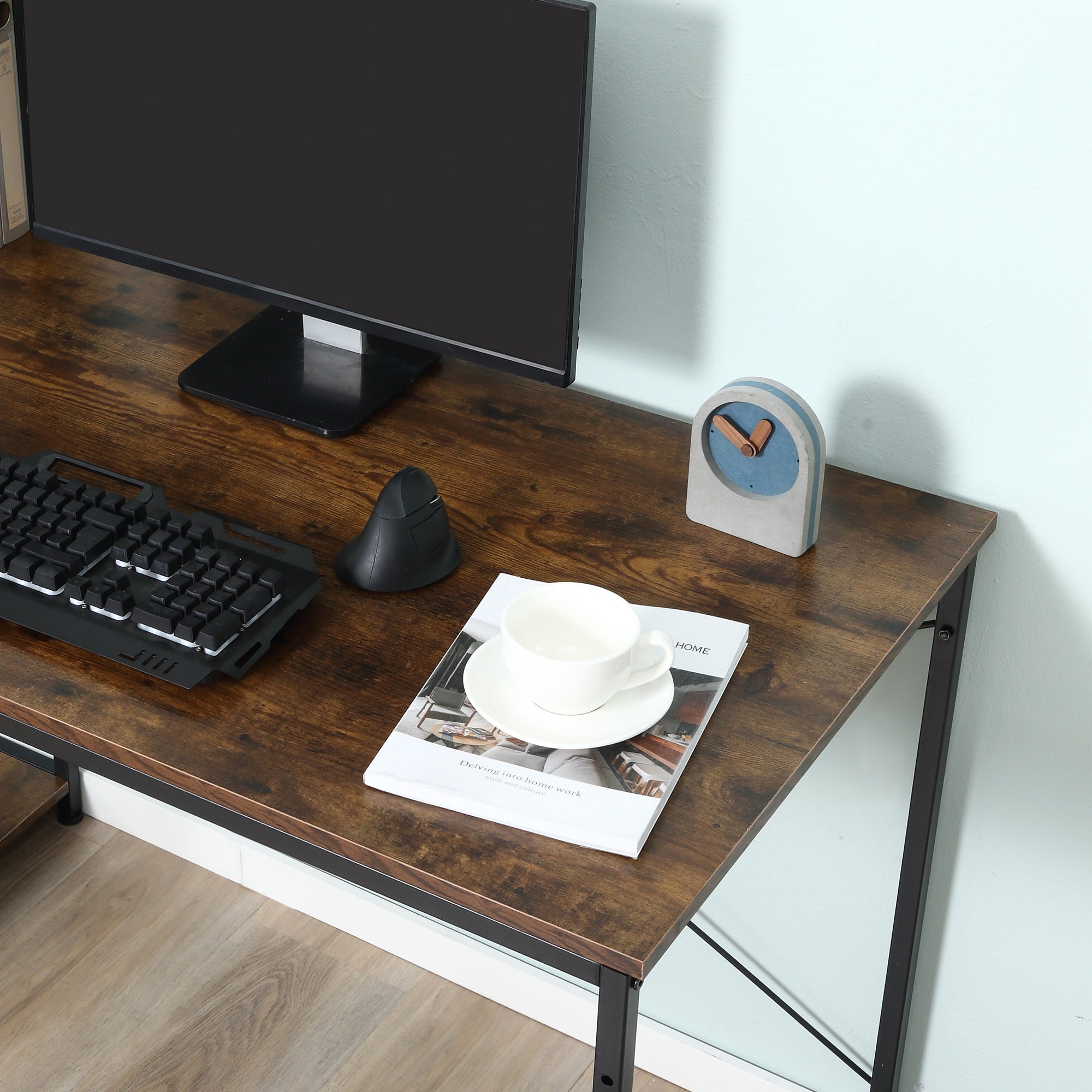 Study Desk Computer Table with 4-Tier Bookshelf and Metal Frame, Rustic Brown & Black