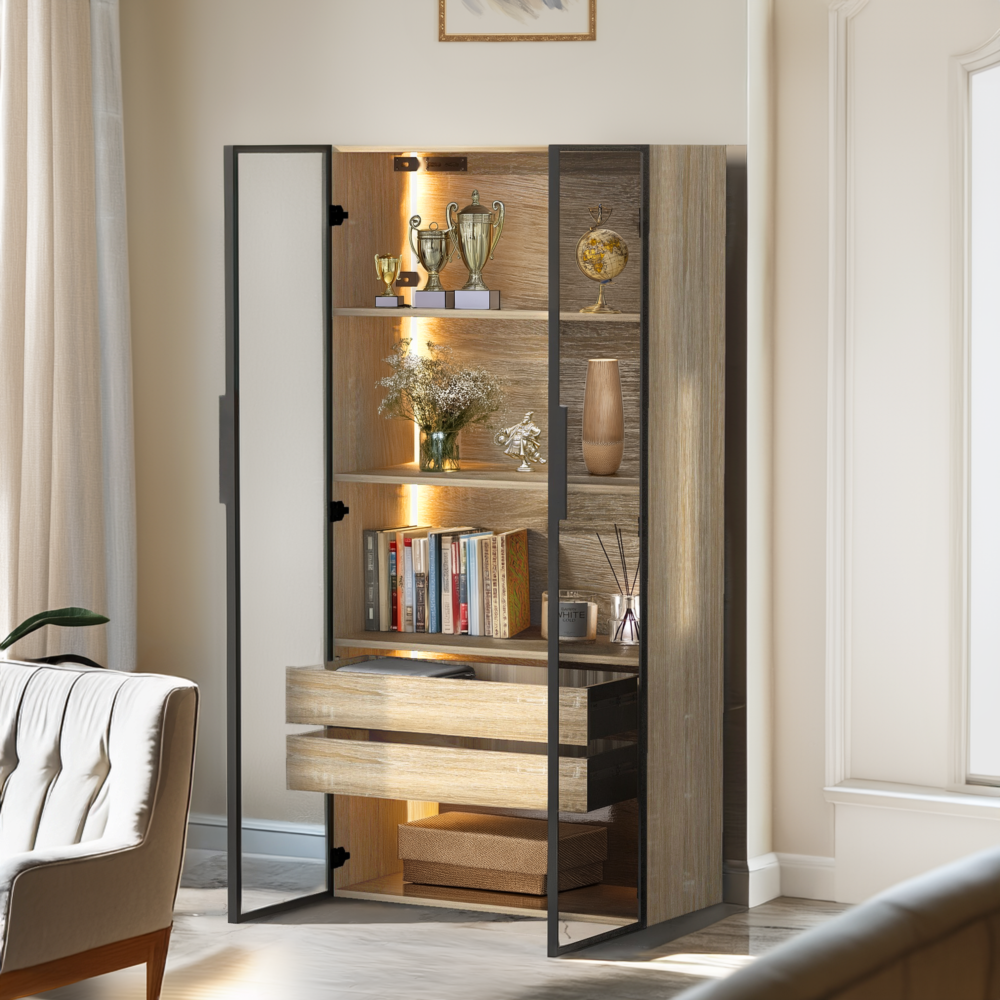 Bathroom Cabinet, 73cm, 2 Drawers & 2 Doors, Glass
