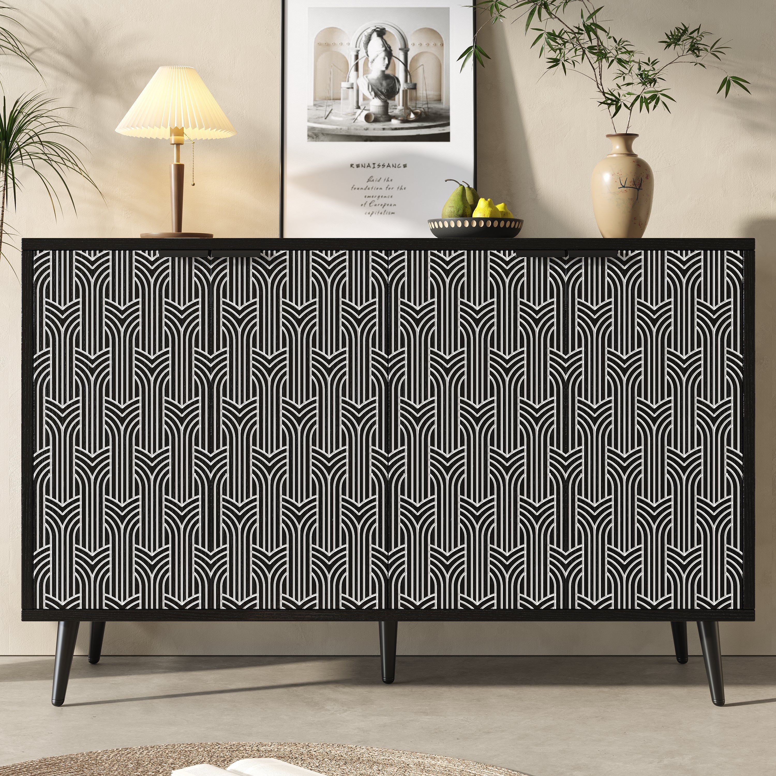 Dining Room Cabinet Freestanding Storage Unique Carved Herringbone Door Black