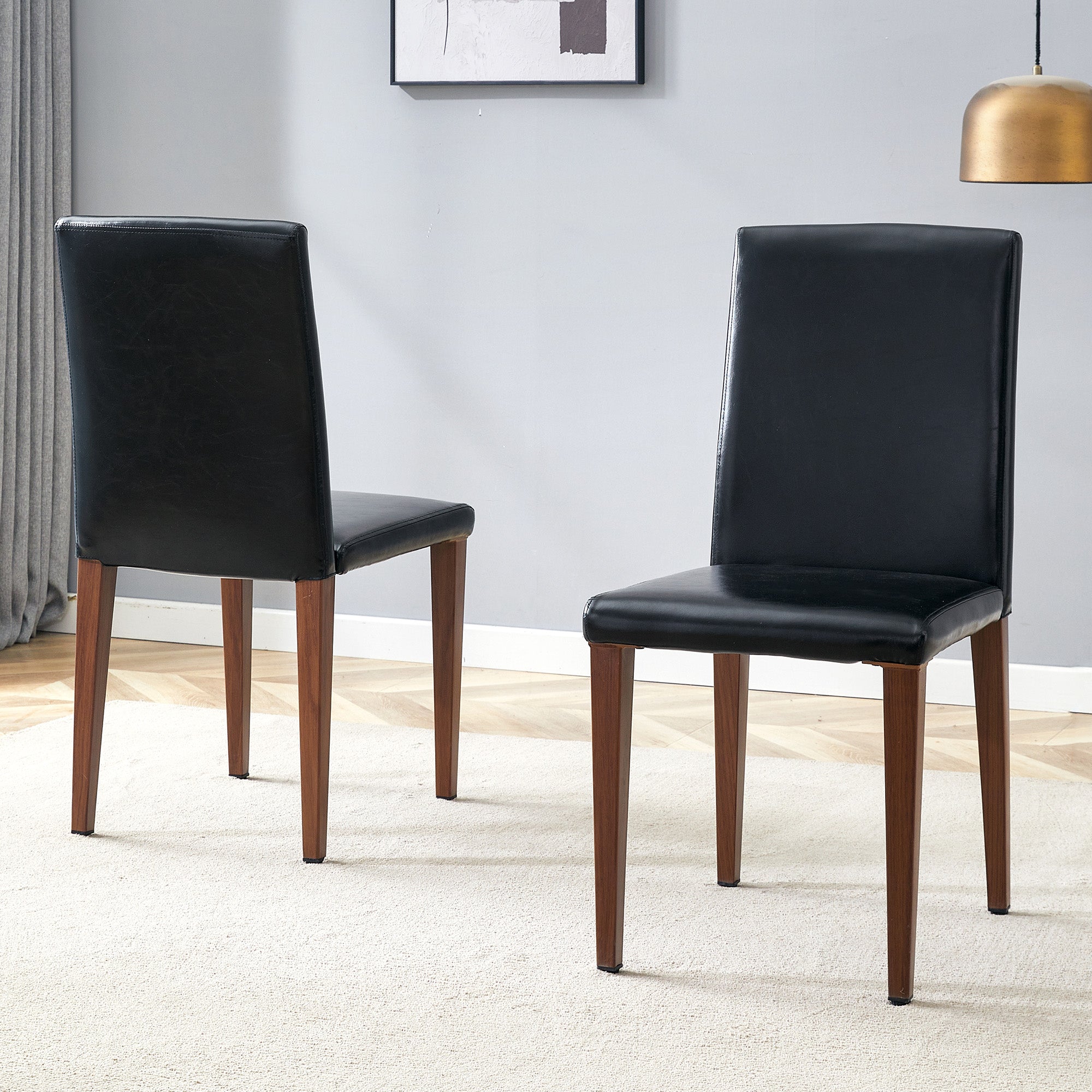 Minimalist Dining Chairs Set of 2, Ergonomic PU Leather with Metal Legs, Black and Walnut Finish