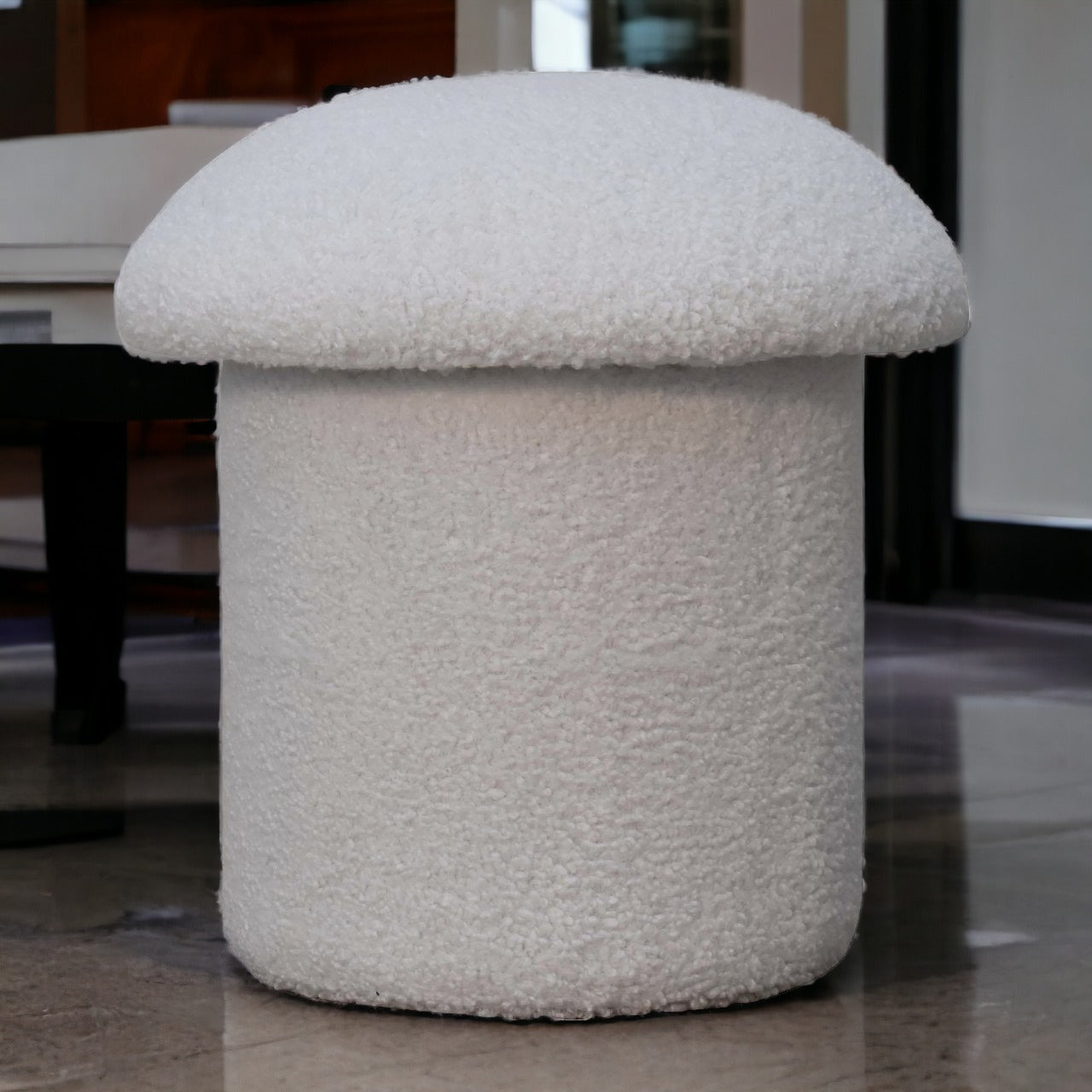 Solid Wood Mushroom Footstool Upholstered Boucle Fabric White