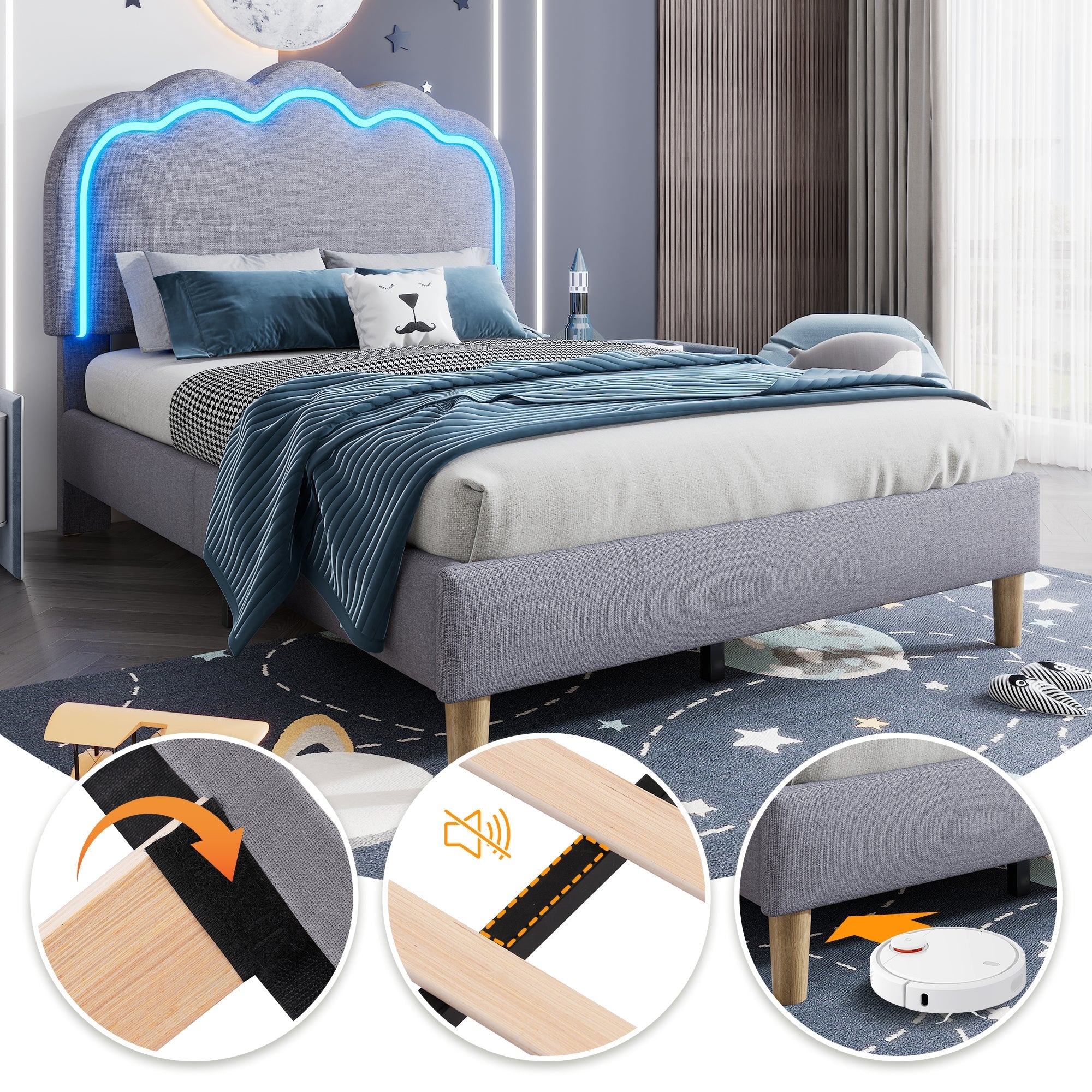 Upholstered Bed: Single Bed with LED & Adjustable Height Headboard, Grey Linen Material