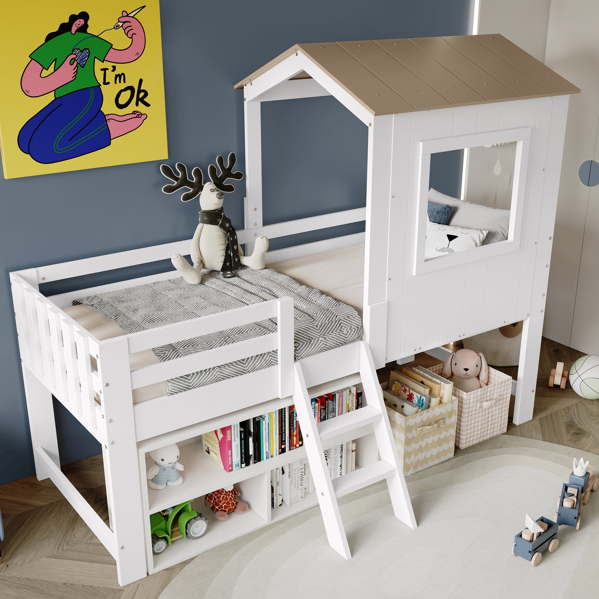 Children's Bed, Half-Height House Bed with Roof, Window & Stairs, White & Natural Wood