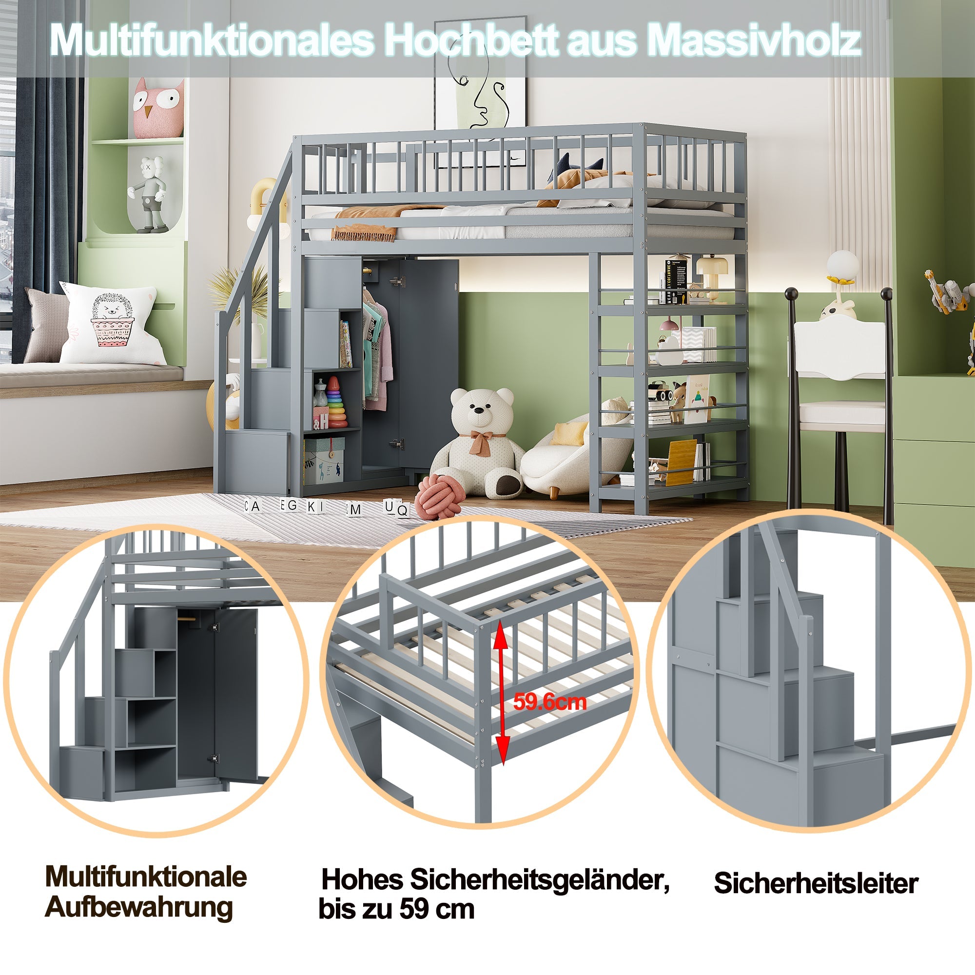 Loft Bed, 90 x 200, Wardrobe, Shelves, Storage, Safety Ladder, Solid Wood, Grey