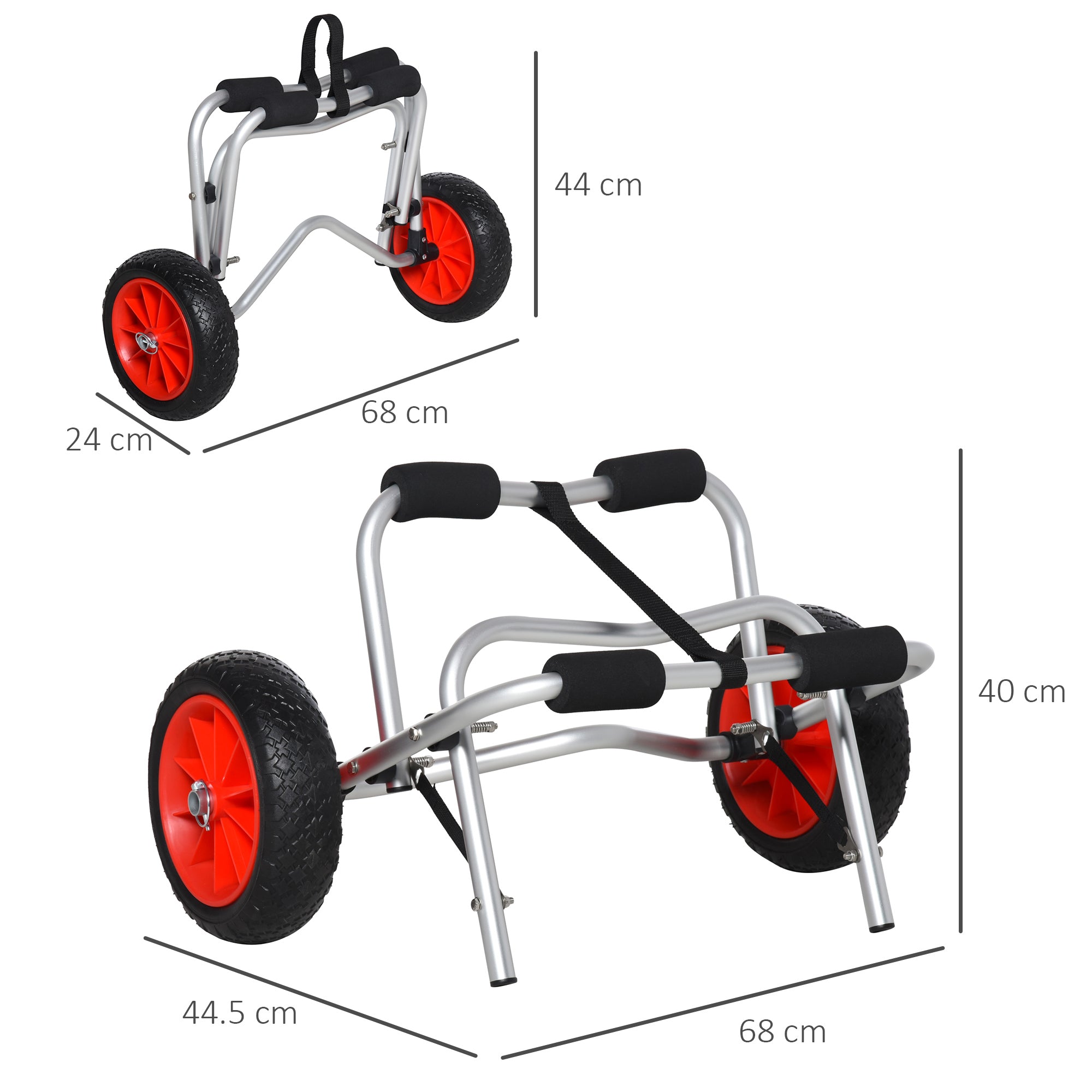 Aluminum Canoe Kayak Surf Trolley, Foldable with PU Wheels, 75 kg Capacity, 68x44.5x40 cm, Aluminum
